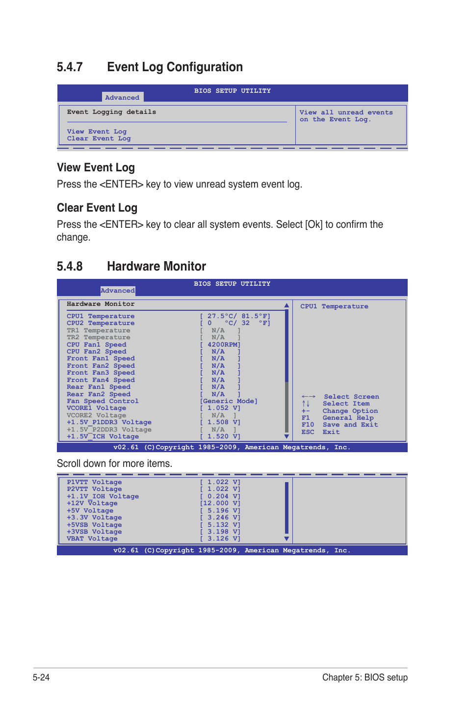 7 event log configuration, 8 hardware monitor, Event log configuration -24 | Hardware monitor -24, View event log, Clear event log, Scroll down for more items, 24 chapter 5: bios setup | Asus RS720-E6/RS12 User Manual | Page 88 / 156