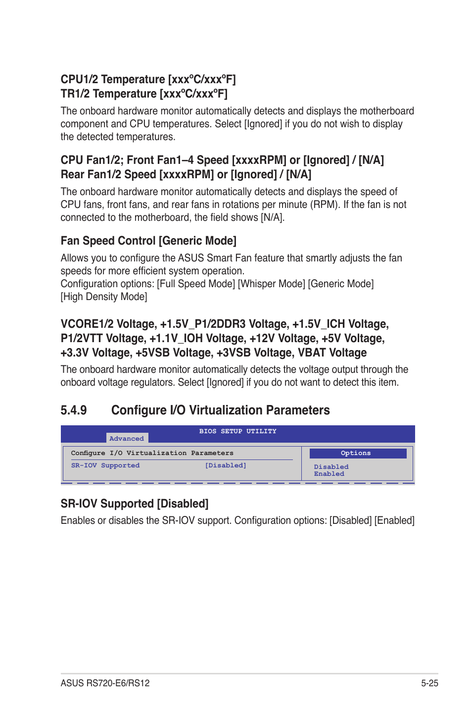 9 configure i/o virtualization parameters, Configure i/o virtualization parameters -25, Fan speed control [generic mode | Sr-iov supported [disabled | Asus RS720-E6/RS12 User Manual | Page 89 / 156