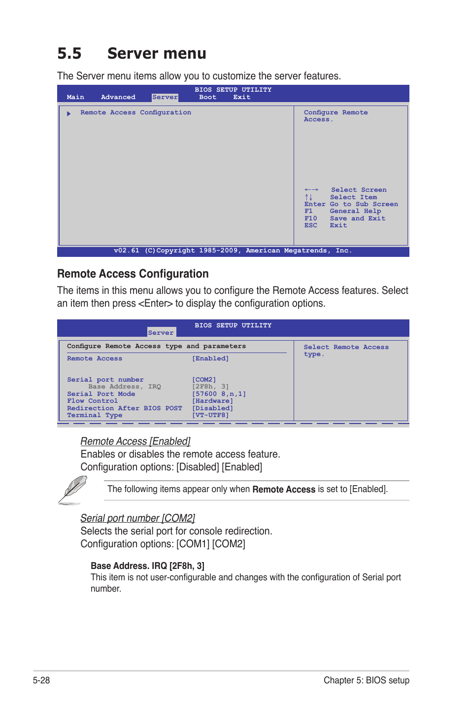 5 server menu, Server menu -28, Remote access configuration | Asus RS720-E6/RS12 User Manual | Page 92 / 156