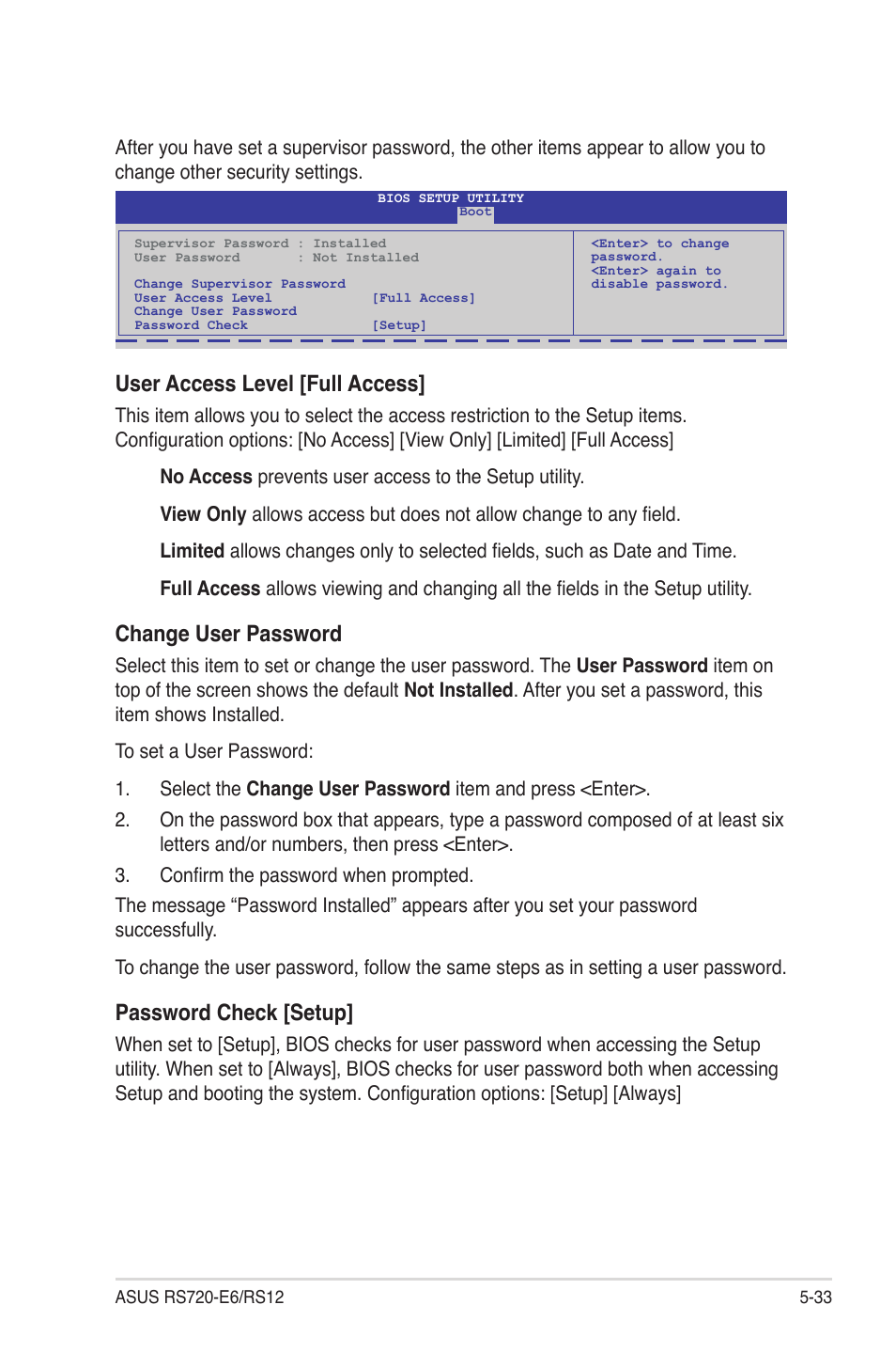 User access level [full access, Change user password, Password check [setup | Asus RS720-E6/RS12 User Manual | Page 97 / 156