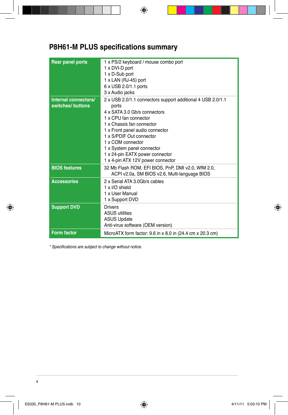 P8h61-m plus specifications summary | Asus P8H61-M PLUS User Manual | Page 10 / 60