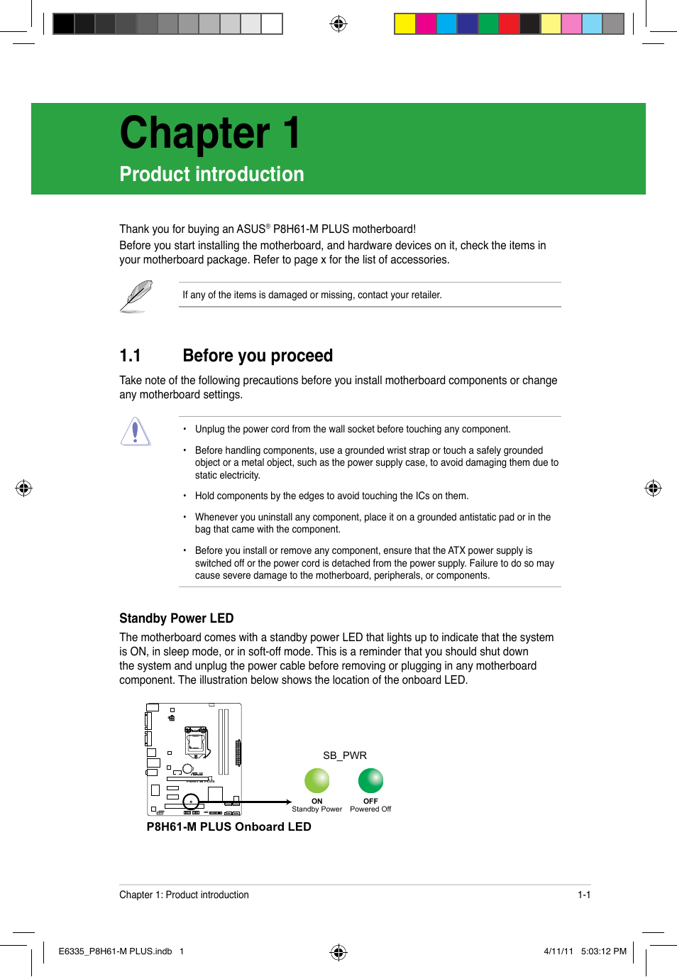 Chapter 1, Product introduction, 1 before you proceed | Before you proceed -1 | Asus P8H61-M PLUS User Manual | Page 11 / 60