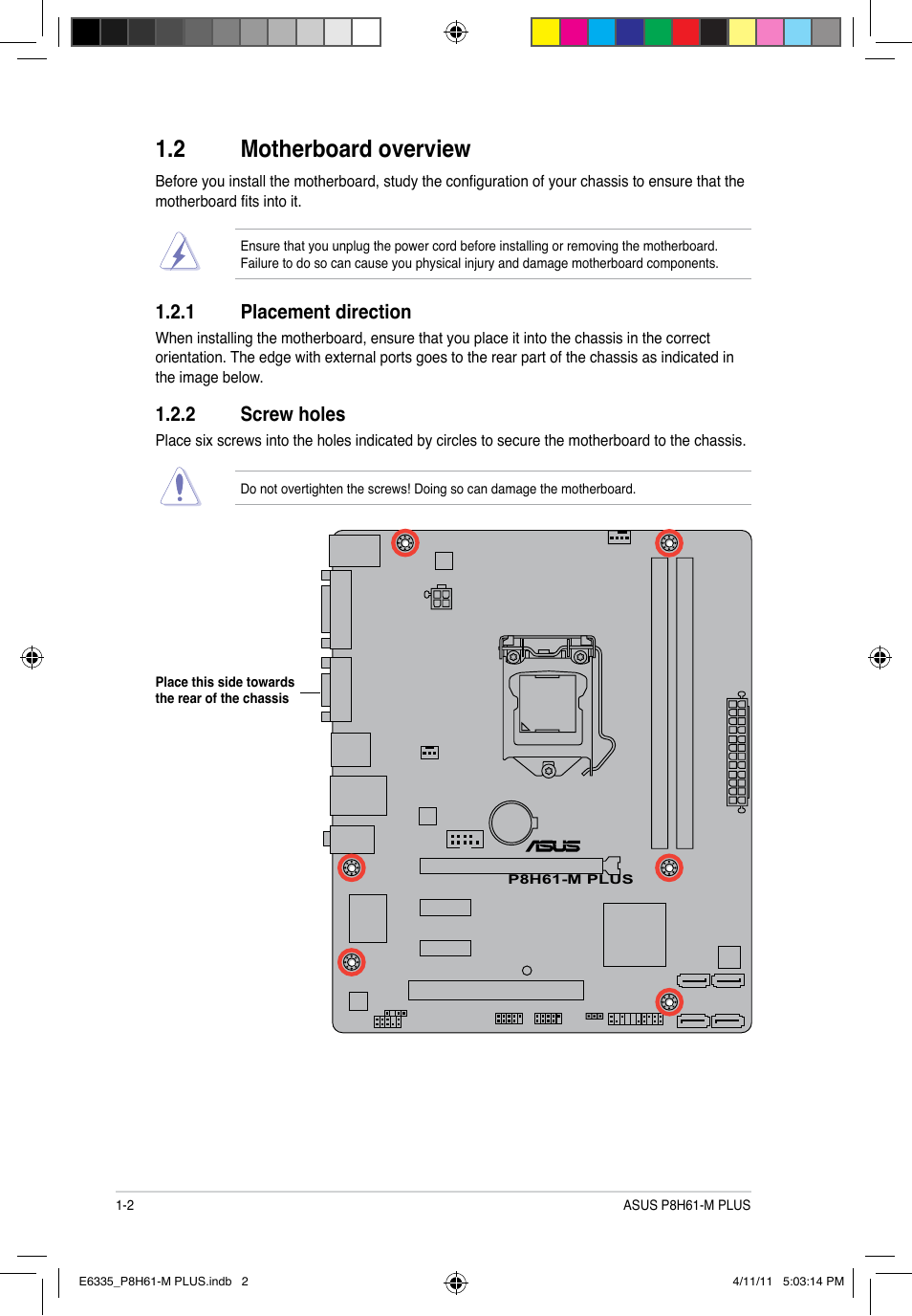 2 motherboard overview, 1 placement direction, 2 screw holes | Motherboard overview -2 1.2.1, Placement direction -2, Screw holes -2 | Asus P8H61-M PLUS User Manual | Page 12 / 60