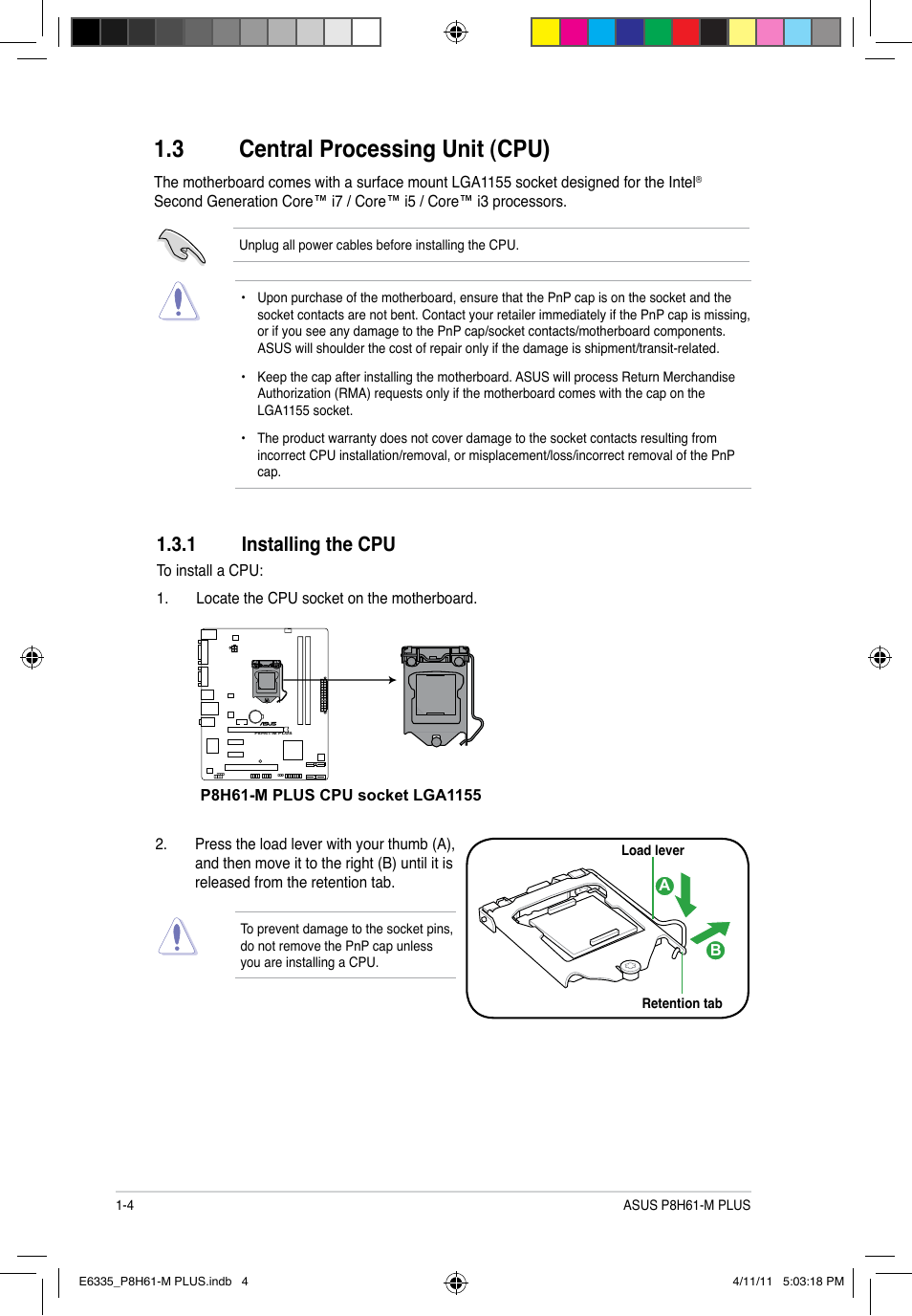 3 central processing unit (cpu), 1 installing the cpu, Central processing unit (cpu) -4 1.3.1 | Installing the cpu -4 | Asus P8H61-M PLUS User Manual | Page 14 / 60