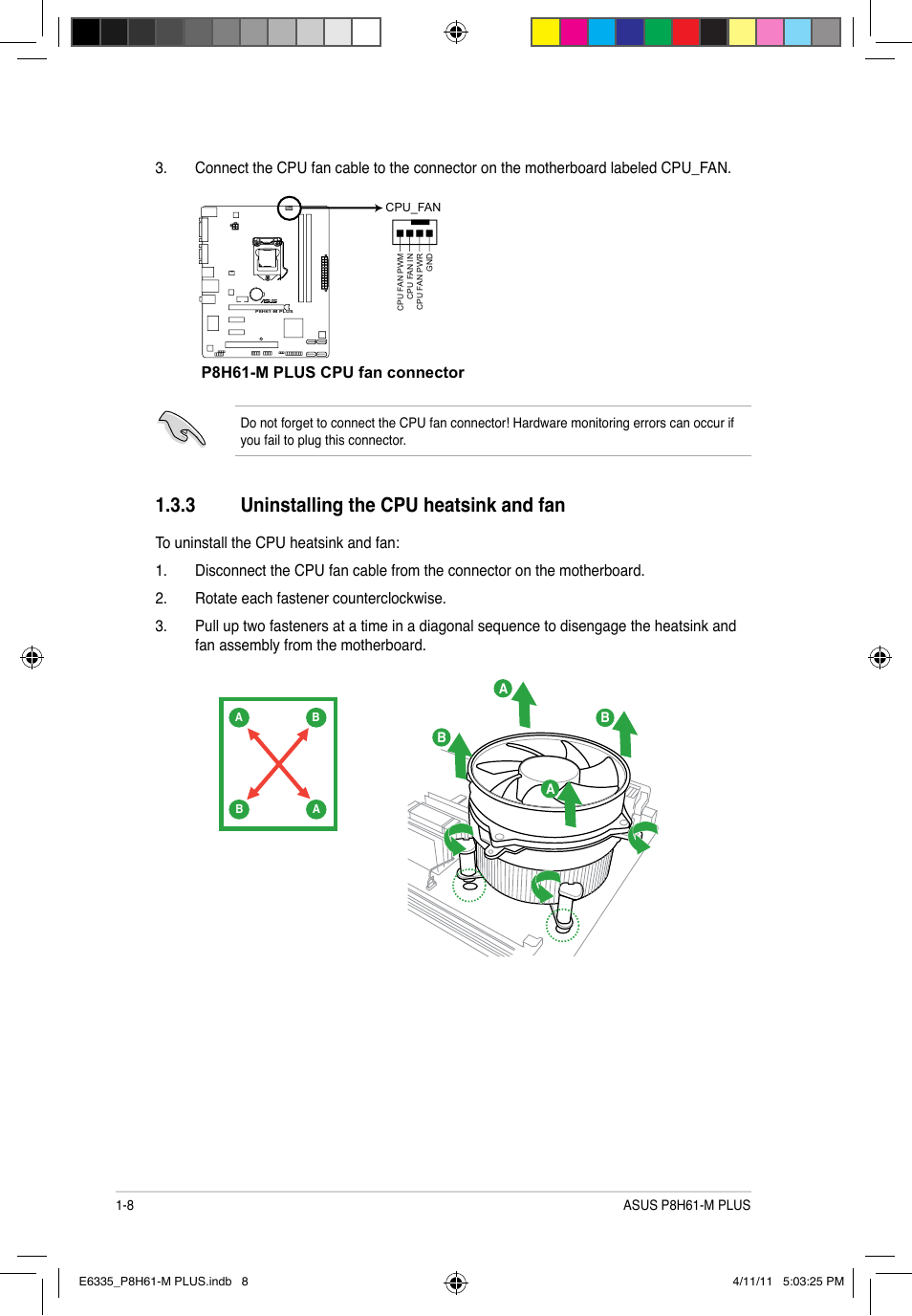 3 uninstalling the cpu heatsink and fan, Uninstalling the cpu heatsink and fan -8, P8h61-m plus cpu fan connector | Asus P8H61-M PLUS User Manual | Page 18 / 60