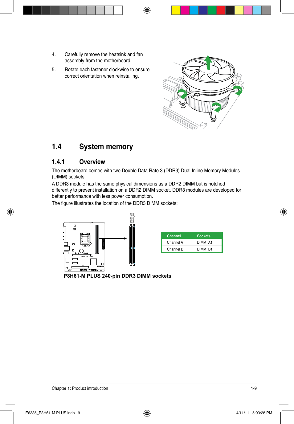 4 system memory, 1 overview, System memory -9 1.4.1 | Overview -9 | Asus P8H61-M PLUS User Manual | Page 19 / 60