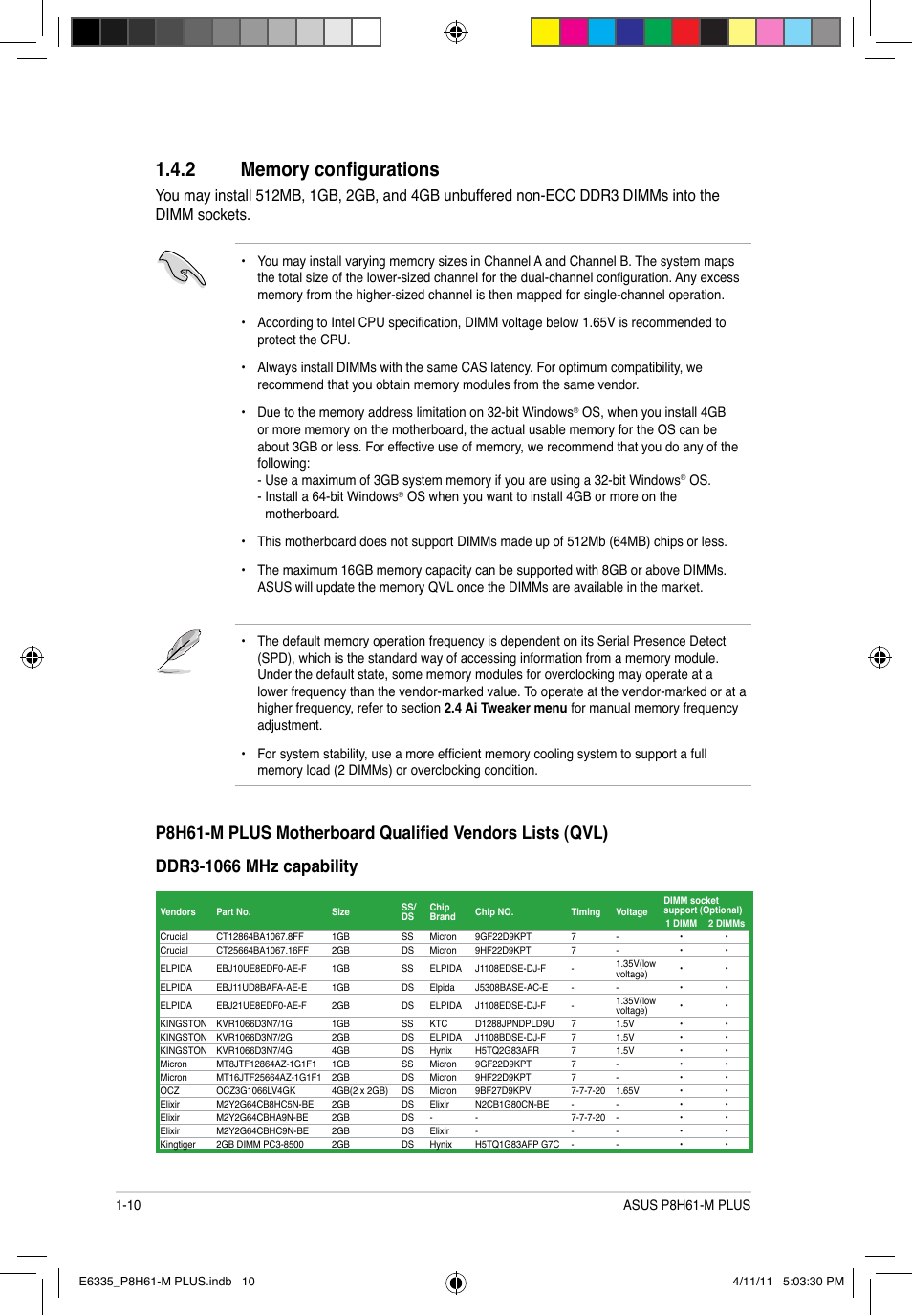 2 memory configurations, Memory configurations -10 | Asus P8H61-M PLUS User Manual | Page 20 / 60