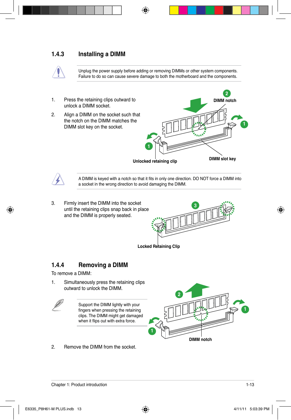 3 installing a dimm, 4 removing a dimm, Installing a dimm -13 | Removing a dimm -13 | Asus P8H61-M PLUS User Manual | Page 23 / 60
