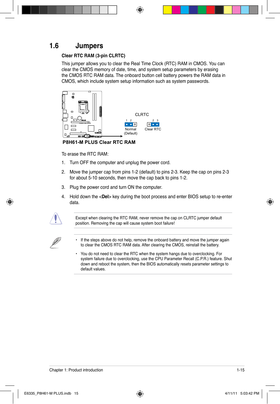 6 jumpers, Jumpers -15 | Asus P8H61-M PLUS User Manual | Page 25 / 60
