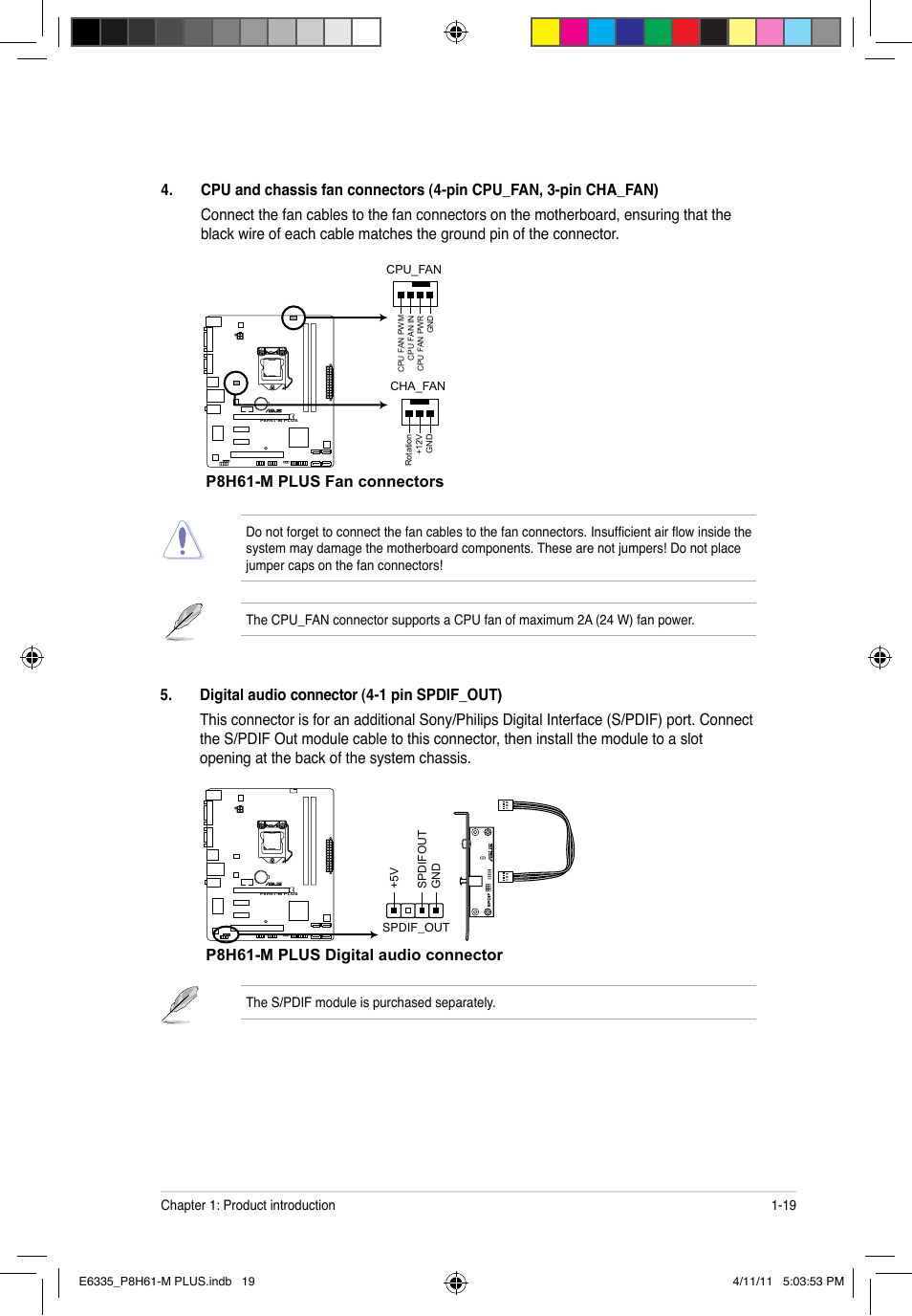 P8h61-m plus fan connectors, P8h61-m plus digital audio connector | Asus P8H61-M PLUS User Manual | Page 29 / 60