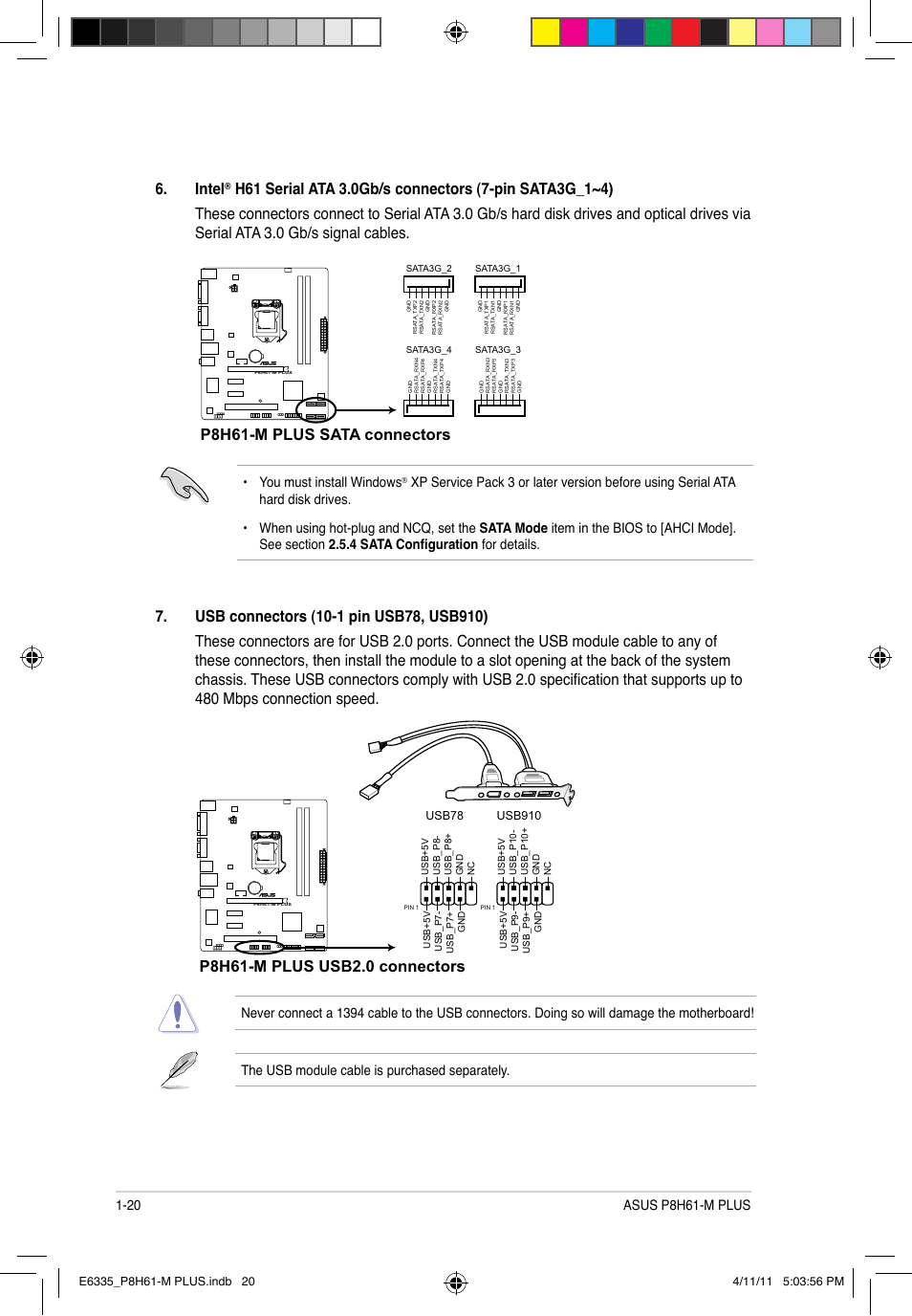 Intel, P8h61-m plus sata connectors, You must install windows | Asus P8H61-M PLUS User Manual | Page 30 / 60