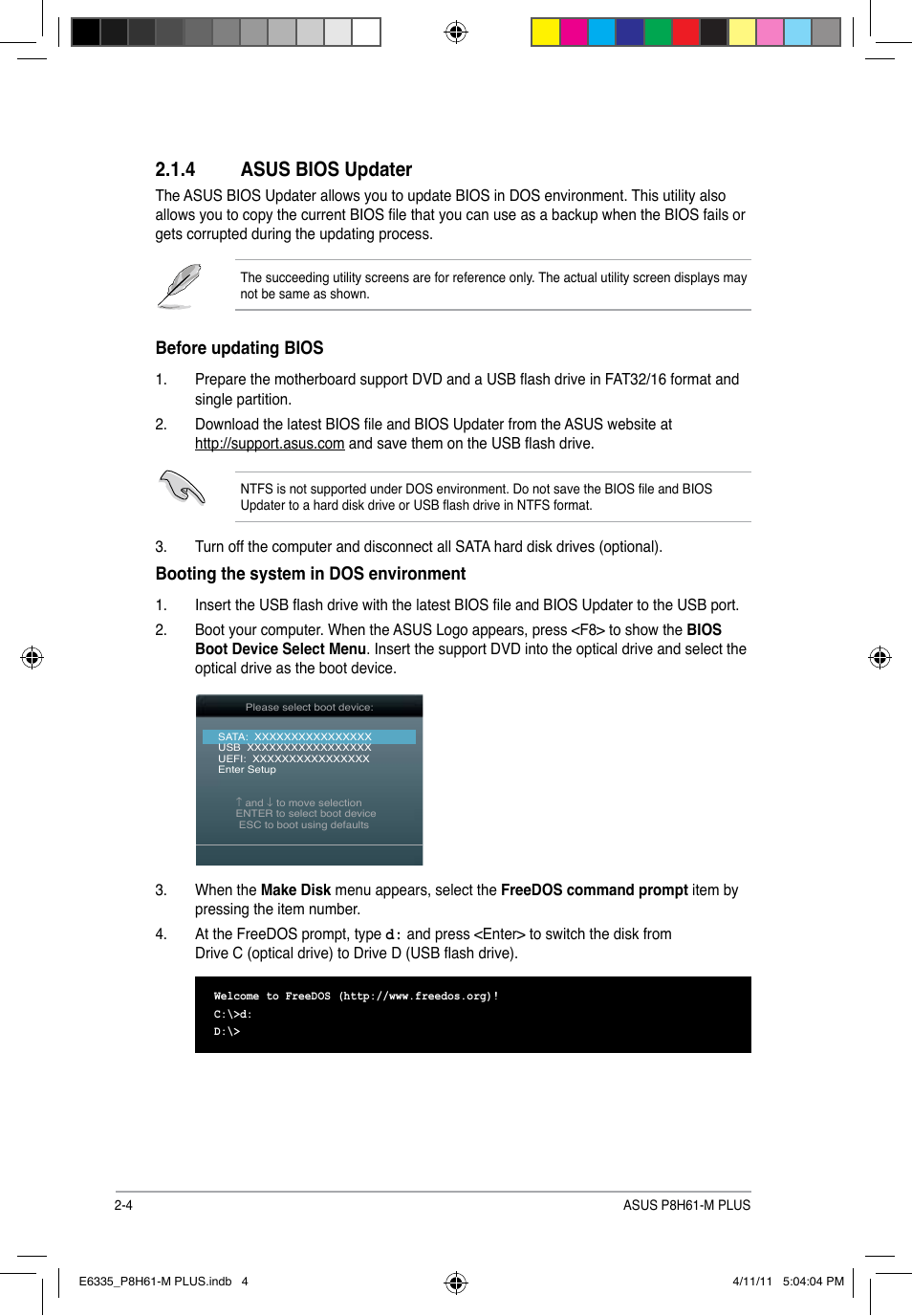 4 asus bios updater, Asus bios updater -4, Before updating bios | Booting the system in dos environment | Asus P8H61-M PLUS User Manual | Page 36 / 60