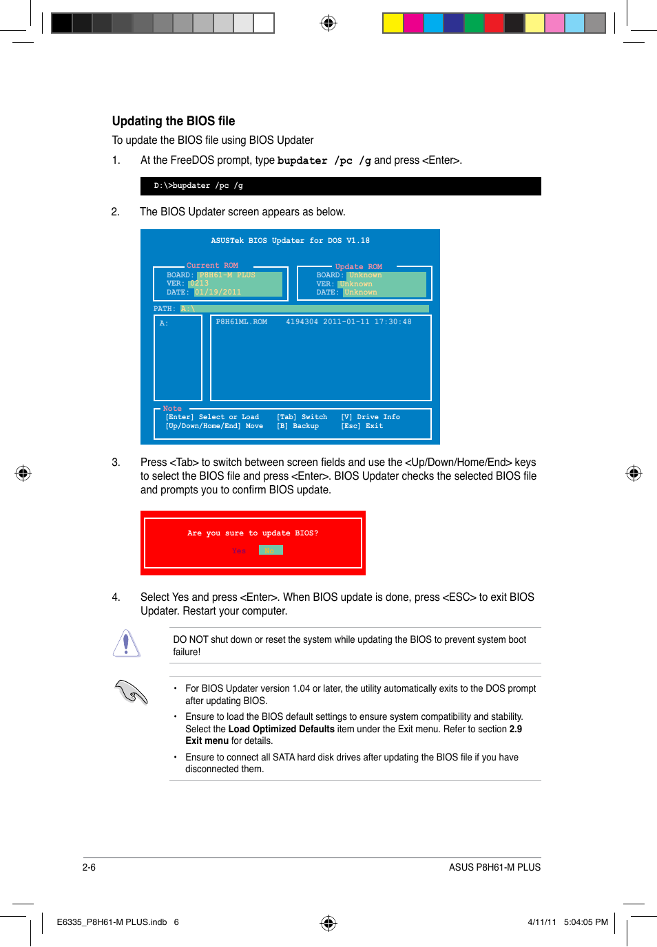 Updating the bios file | Asus P8H61-M PLUS User Manual | Page 38 / 60