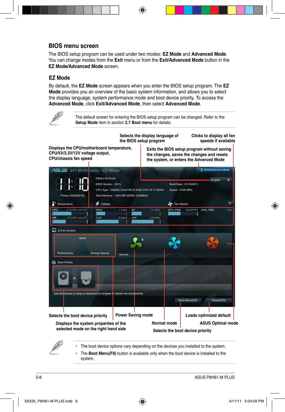 Bios menu screen, Ez mode | Asus P8H61-M PLUS User Manual | Page 40 / 60