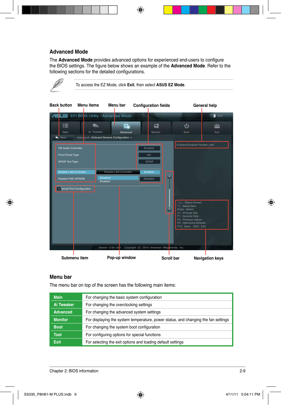 Advanced mode, Menu bar | Asus P8H61-M PLUS User Manual | Page 41 / 60