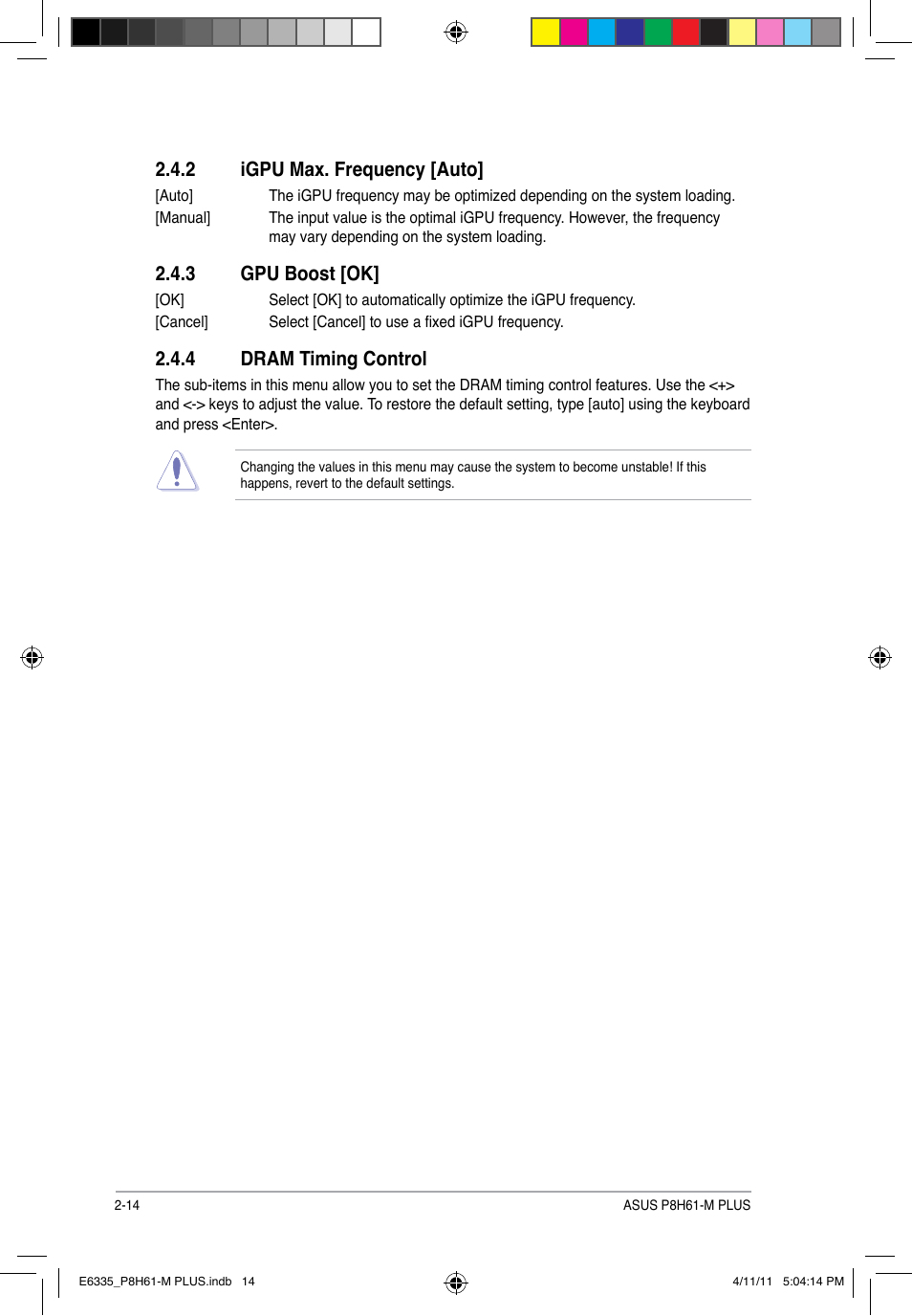 2 igpu max. frequency [auto, 3 gpu boost [ok, 4 dram timing control | Igpu max. frequency [auto] -14, Gpu boost [ok] -14, Dram timing control -14 | Asus P8H61-M PLUS User Manual | Page 46 / 60