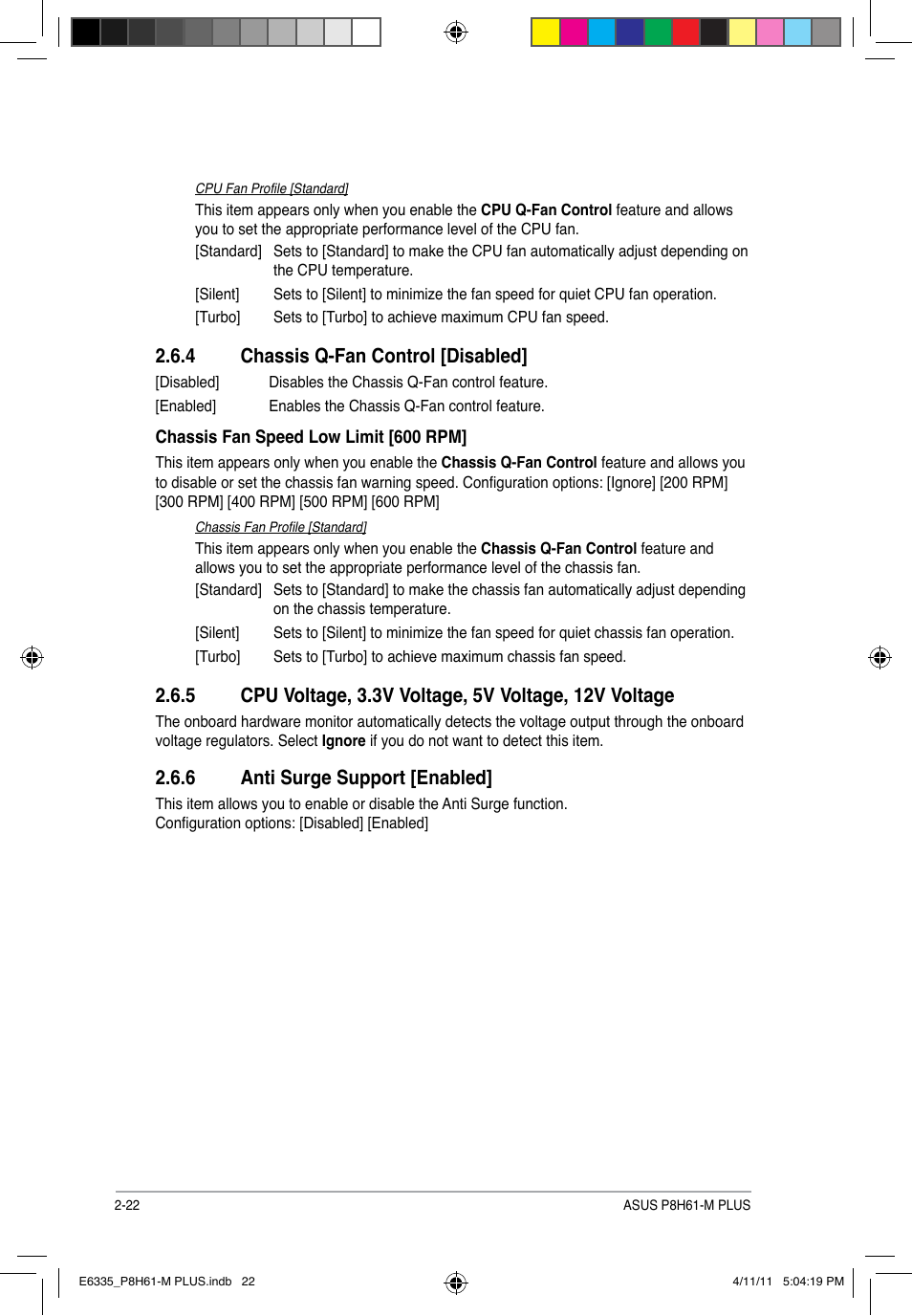 4 chassis q-fan control [disabled, 6 anti surge support [enabled, Chassis q-fan control [disabled] -22 | Anti surge support [enabled] -22 | Asus P8H61-M PLUS User Manual | Page 54 / 60