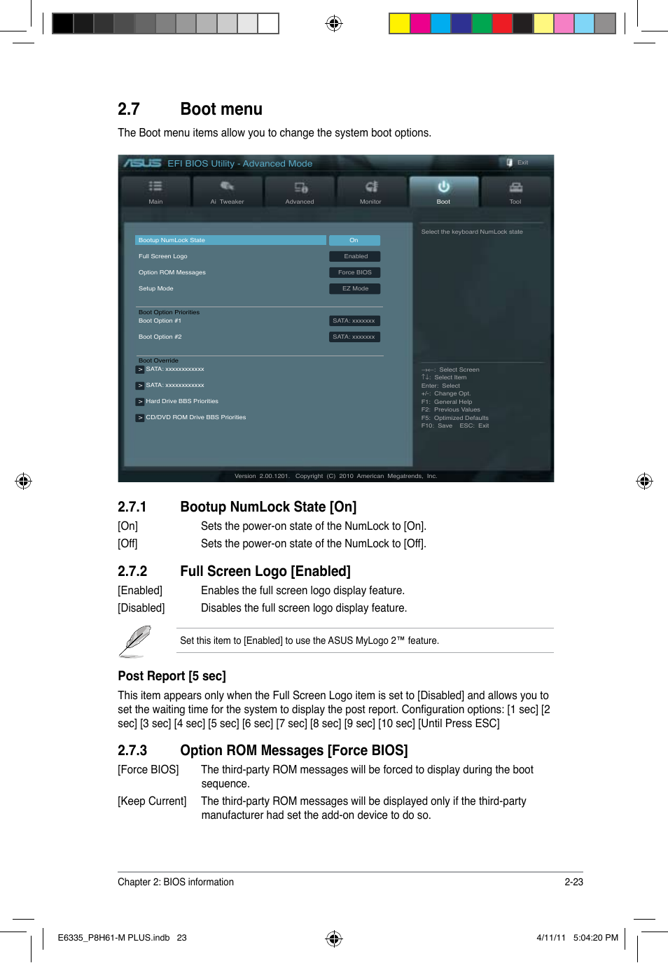 7 boot menu, 1 bootup numlock state [on, 2 full screen logo [enabled | 3 option rom messages [force bios, Boot menu -23 2.7.1, Bootup numlock state [on] -23, Full screen logo [enabled] -23, Option rom messages [force bios] -23, Post report [5 sec | Asus P8H61-M PLUS User Manual | Page 55 / 60