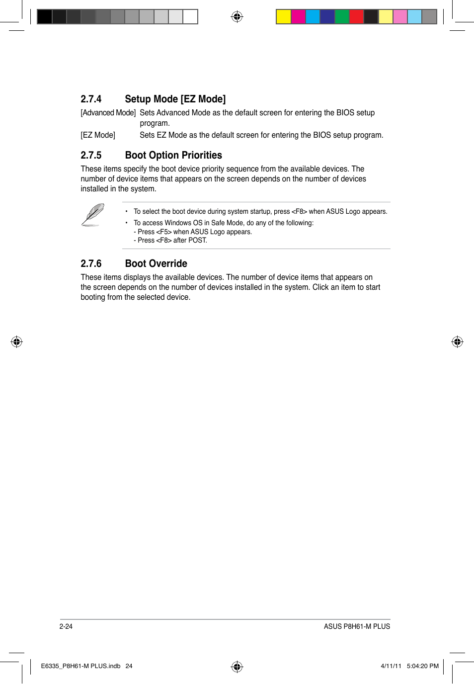 4 setup mode [ez mode, 5 boot option priorities, 6 boot override | Setup mode [ez mode] -24, Boot option priorities -24, Boot override -24 | Asus P8H61-M PLUS User Manual | Page 56 / 60