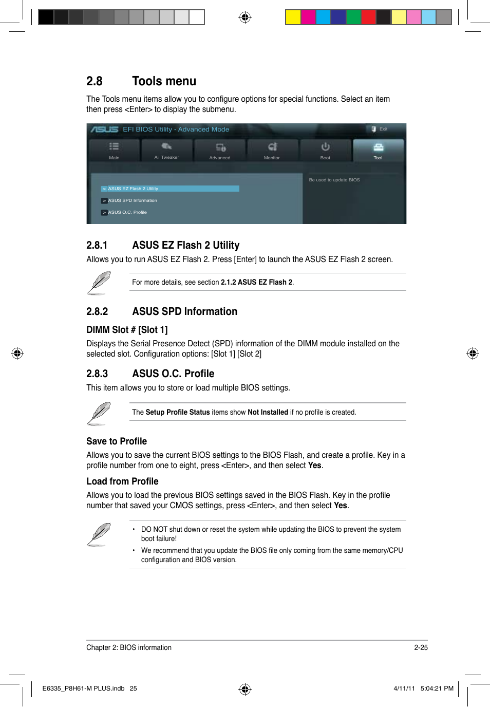 8 tools menu, 1 asus ez flash 2 utility, 2 asus spd information | 3 asus o.c. profile, Tools menu -25 2.8.1, Asus ez flash 2 utility -25, Asus spd information -25, Asus o.c. profile -25, Dimm slot # [slot 1, Save to profile | Asus P8H61-M PLUS User Manual | Page 57 / 60
