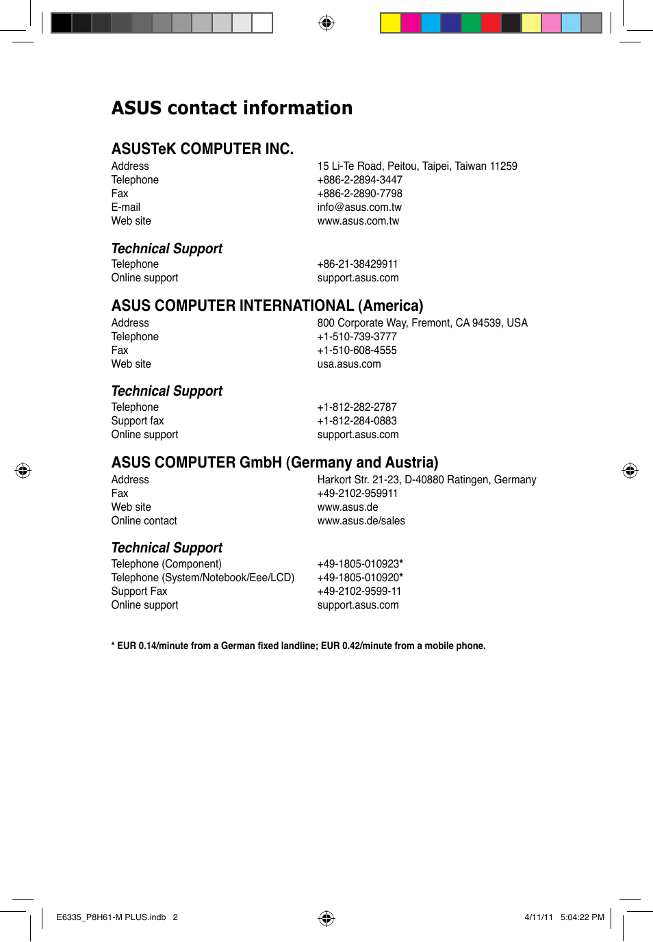 Asus contact information, Asustek computer inc, Asus computer international (america) | Asus computer gmbh (germany and austria), Technical support | Asus P8H61-M PLUS User Manual | Page 59 / 60