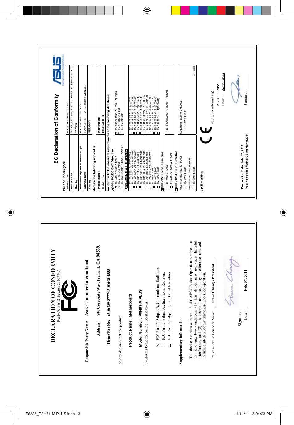 Declaration of conformity, Ec declaration of conformity, Asu s c om pu te r in te rn at io na l | Asus P8H61-M PLUS User Manual | Page 60 / 60