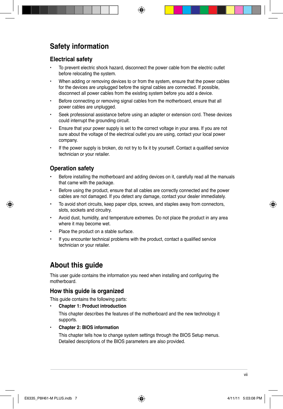 About this guide, Safety information, Electrical safety | Operation safety, How this guide is organized | Asus P8H61-M PLUS User Manual | Page 7 / 60