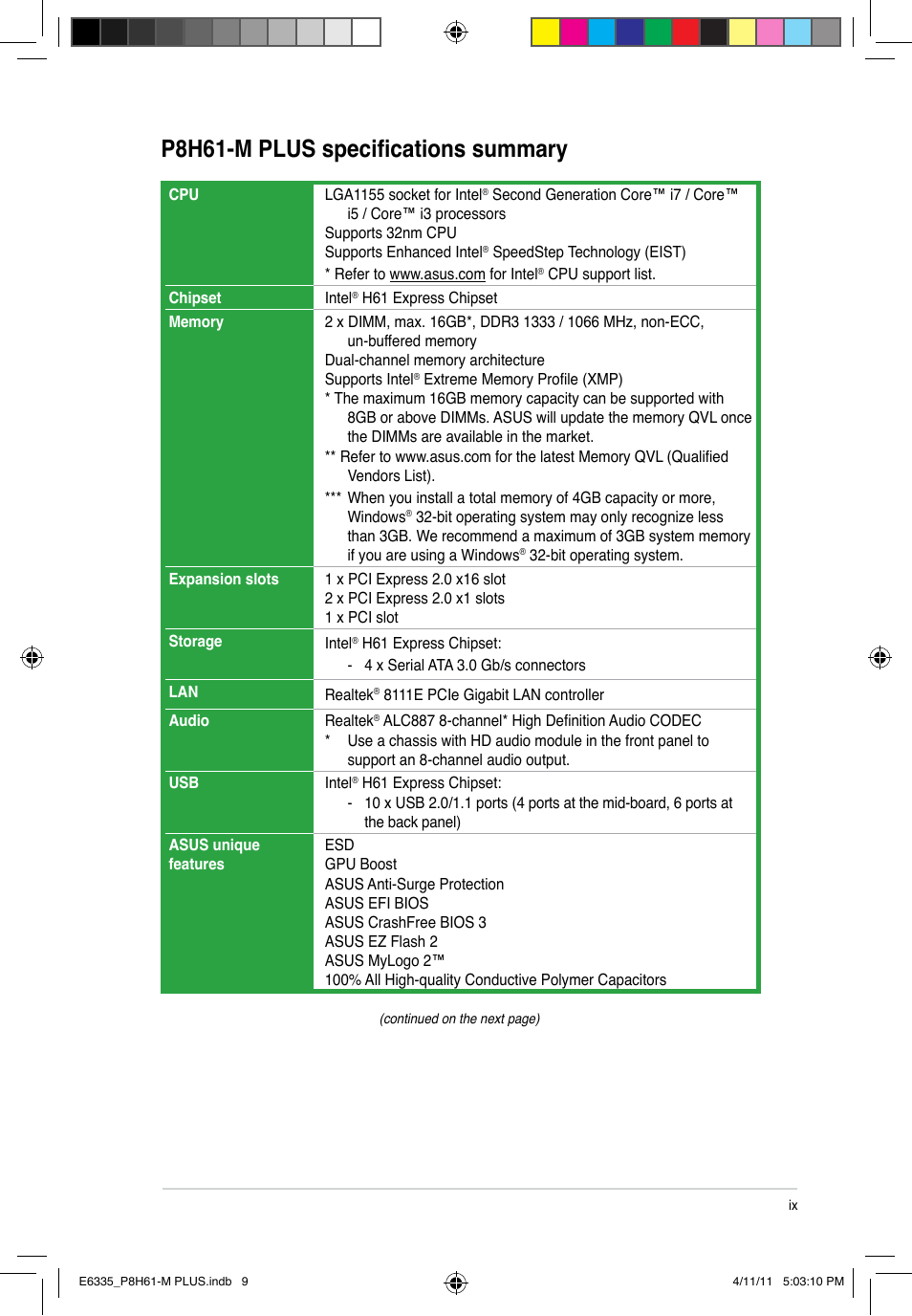 P8h61-m plus specifications summary | Asus P8H61-M PLUS User Manual | Page 9 / 60