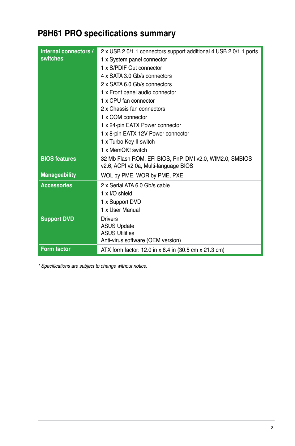 P8h61 pro specifications summary | Asus P8H61 PRO User Manual | Page 11 / 74