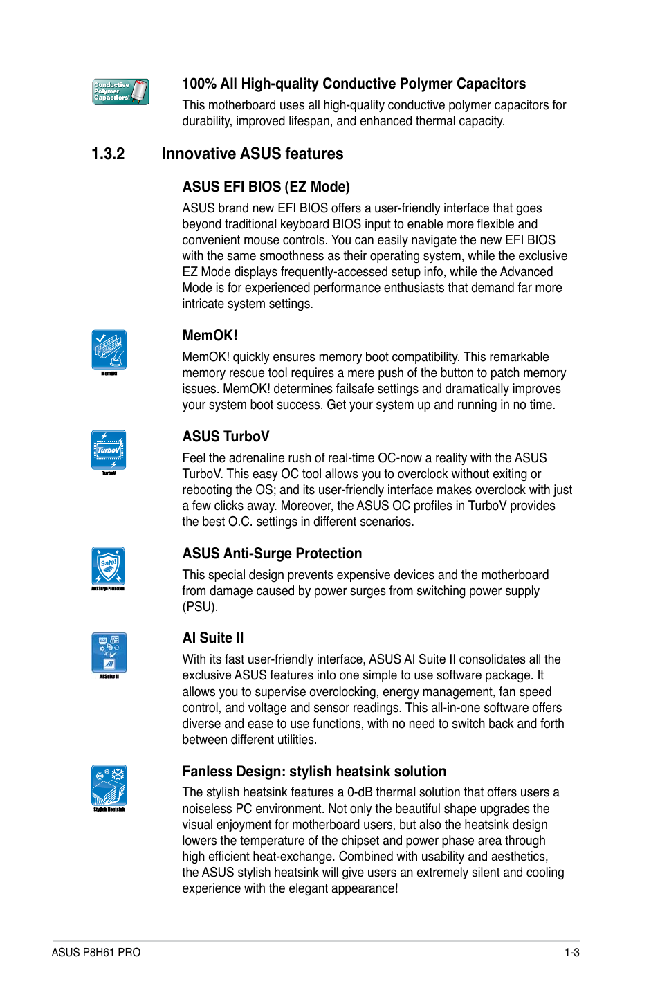 2 innovative asus features, Innovative asus features -3 | Asus P8H61 PRO User Manual | Page 15 / 74