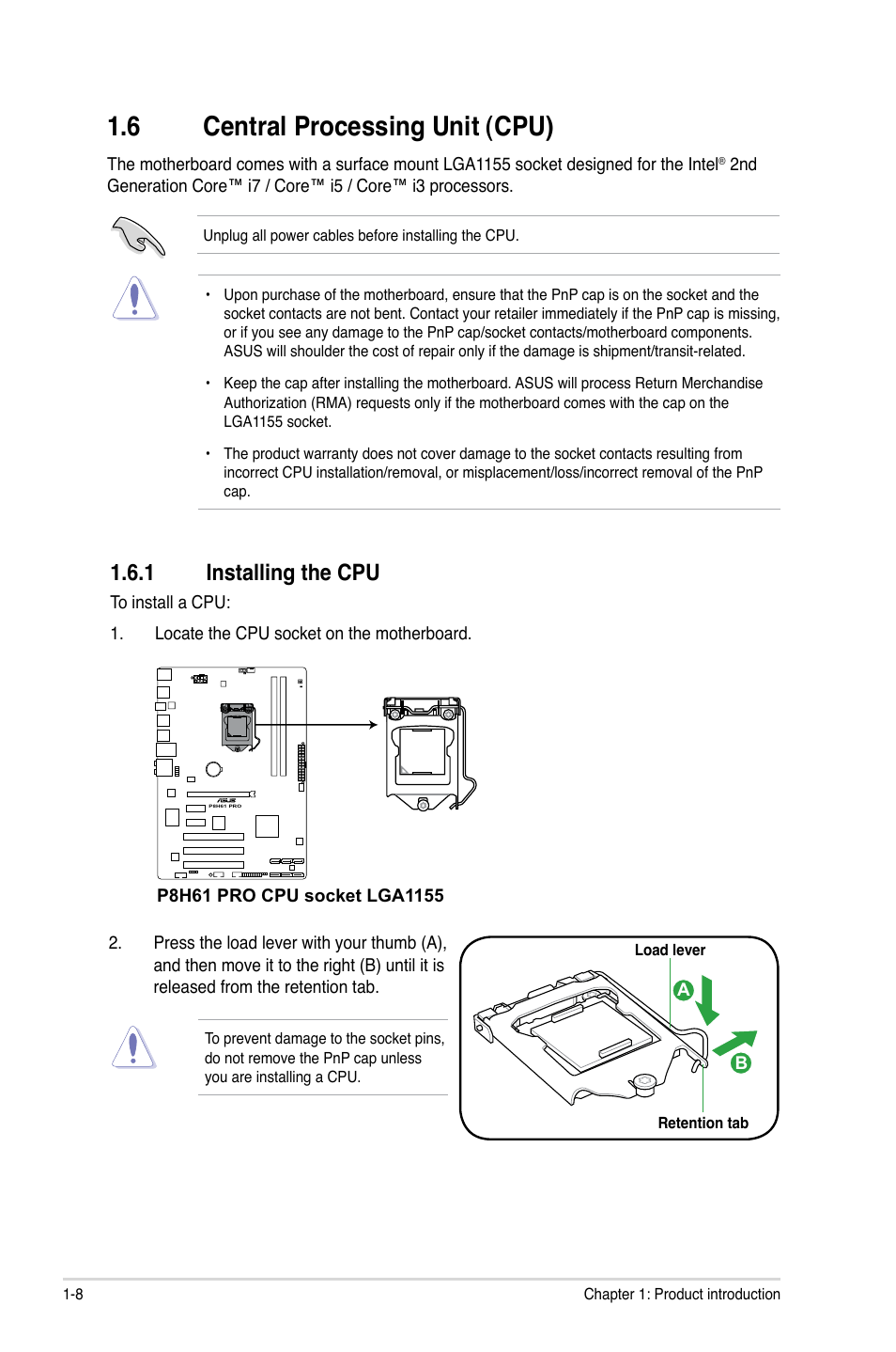 6 central processing unit (cpu), 1 installing the cpu, Central processing unit (cpu) -8 1.6.1 | Installing the cpu -8 | Asus P8H61 PRO User Manual | Page 20 / 74