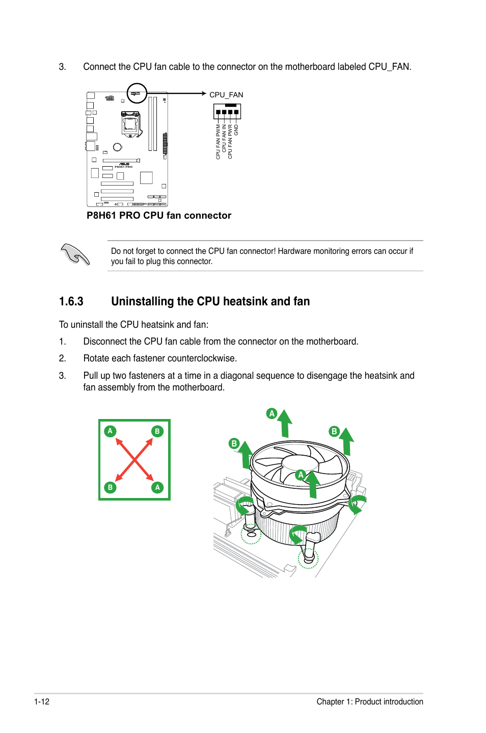 3 uninstalling the cpu heatsink and fan, Uninstalling the cpu heatsink and fan -12, P8h61 pro cpu fan connector | Asus P8H61 PRO User Manual | Page 24 / 74