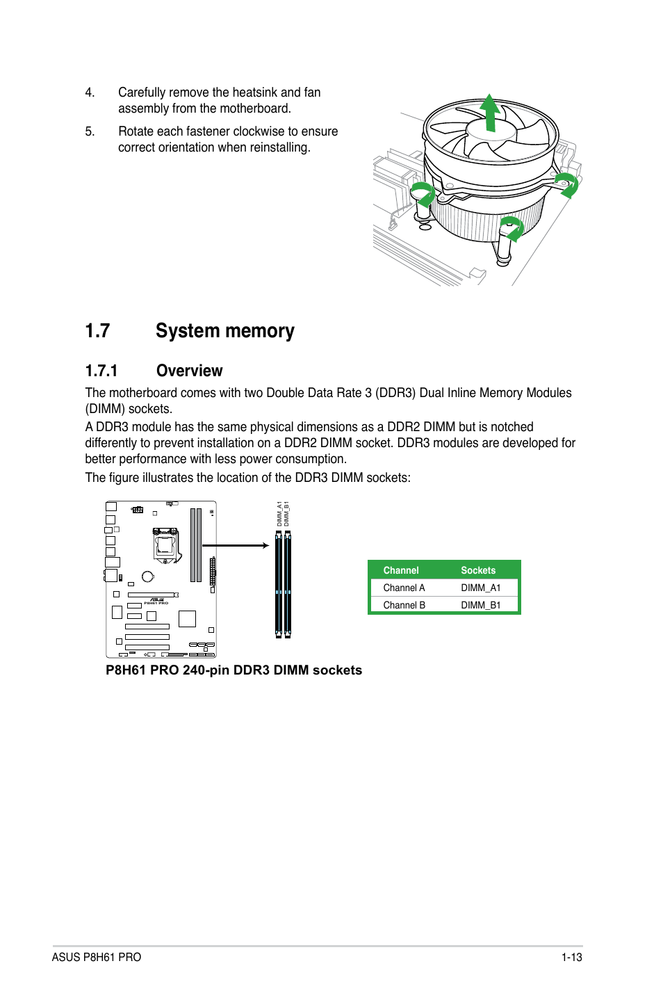 7 system memory, 1 overview, System memory -13 1.7.1 | Overview -13 | Asus P8H61 PRO User Manual | Page 25 / 74