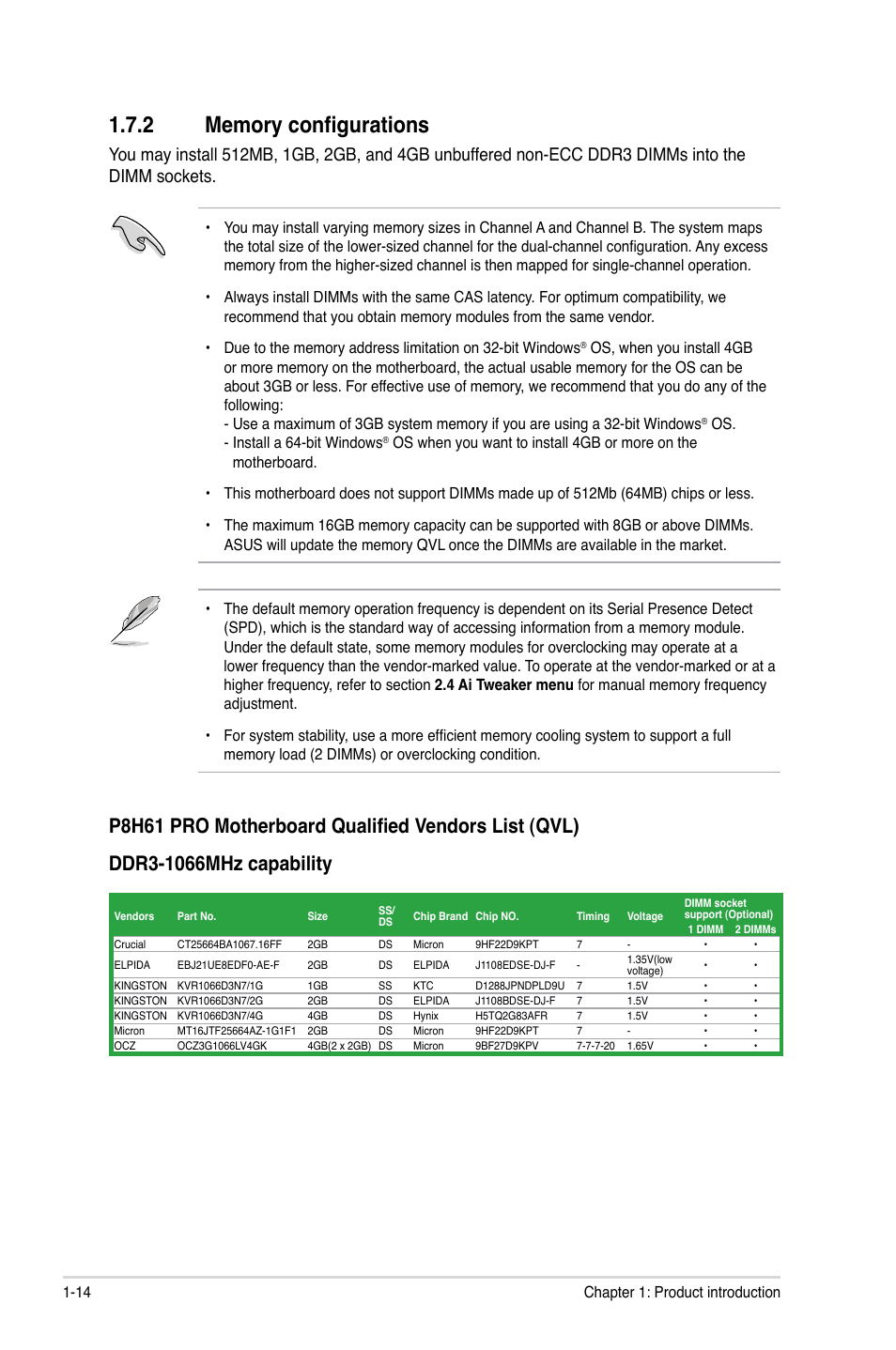 2 memory configurations, Memory configurations -14 | Asus P8H61 PRO User Manual | Page 26 / 74