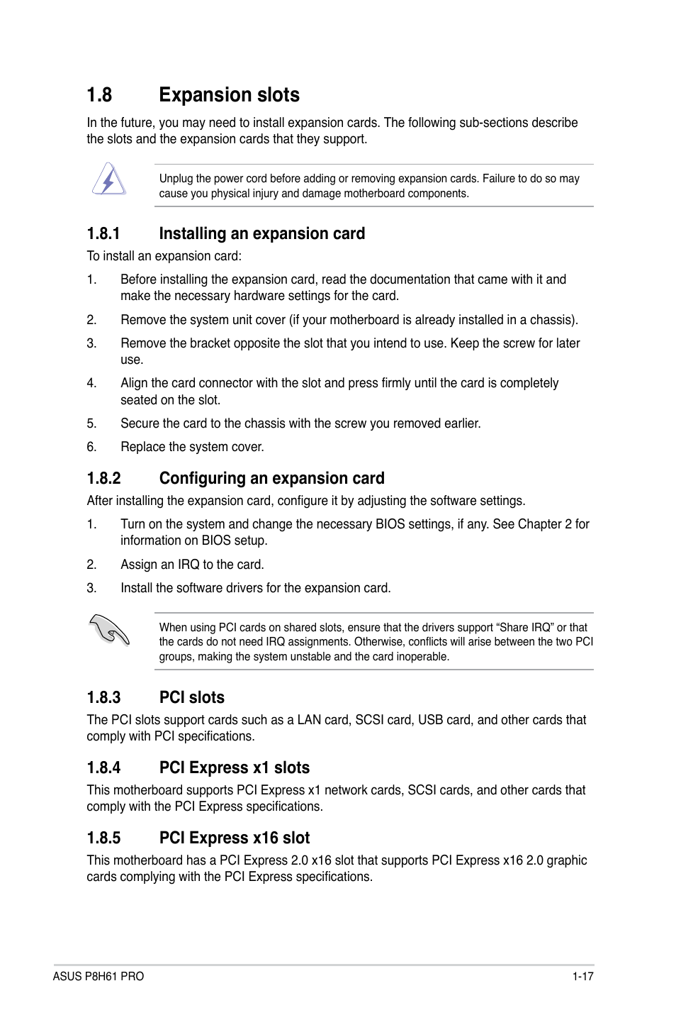 8 expansion slots, 1 installing an expansion card, 2 configuring an expansion card | 3 pci slots, 4 pci express x1 slots, 5 pci express x16 slot, Expansion slots -17 1.8.1, Installing an expansion card -17, Configuring an expansion card -17, Pci slots -17 | Asus P8H61 PRO User Manual | Page 29 / 74