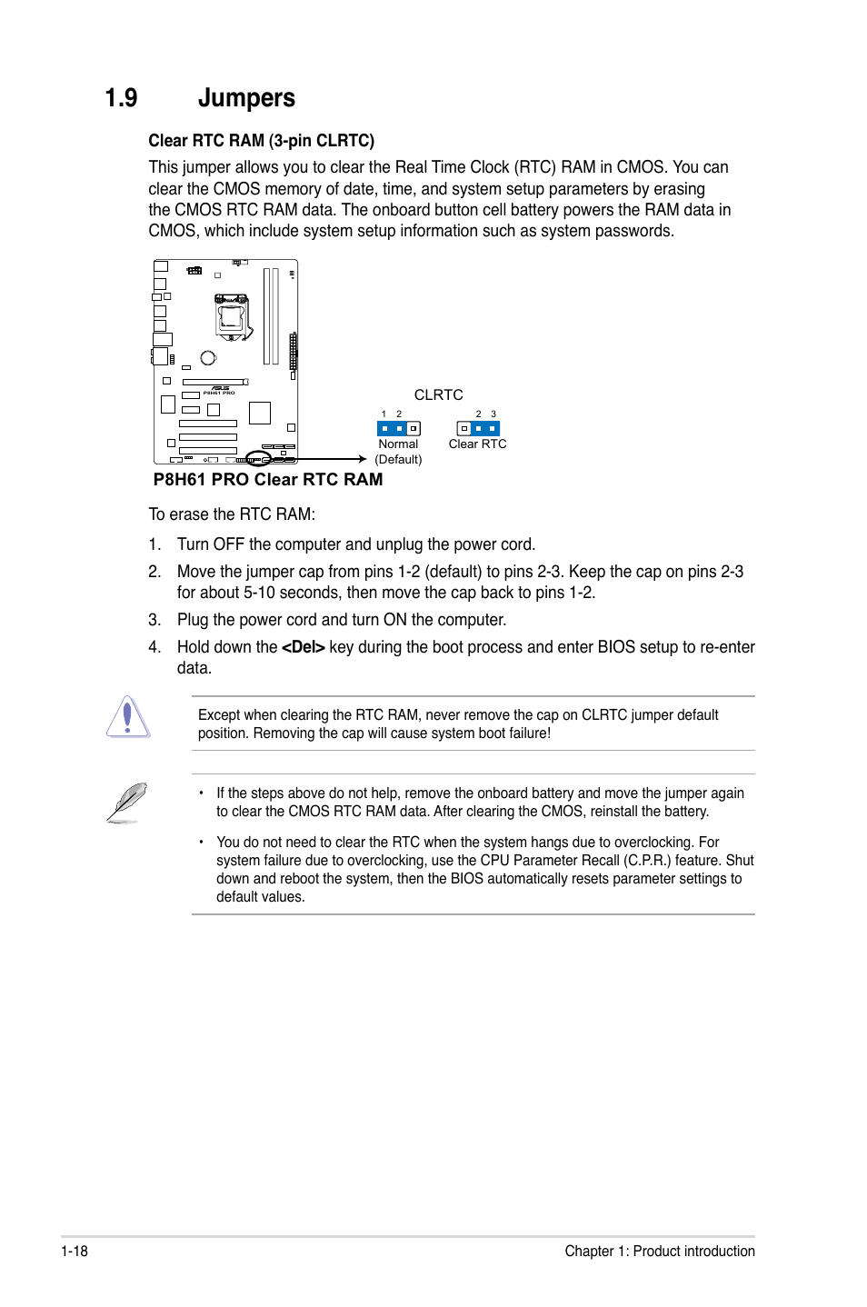 9 jumpers, Jumpers -18 | Asus P8H61 PRO User Manual | Page 30 / 74