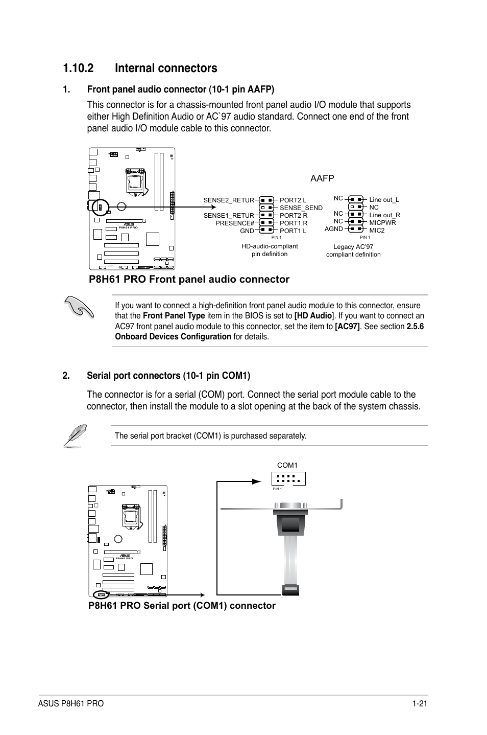 2 internal connectors, 2 internal connectors -21, P8h61 pro front panel audio connector | Asus P8H61 PRO User Manual | Page 33 / 74