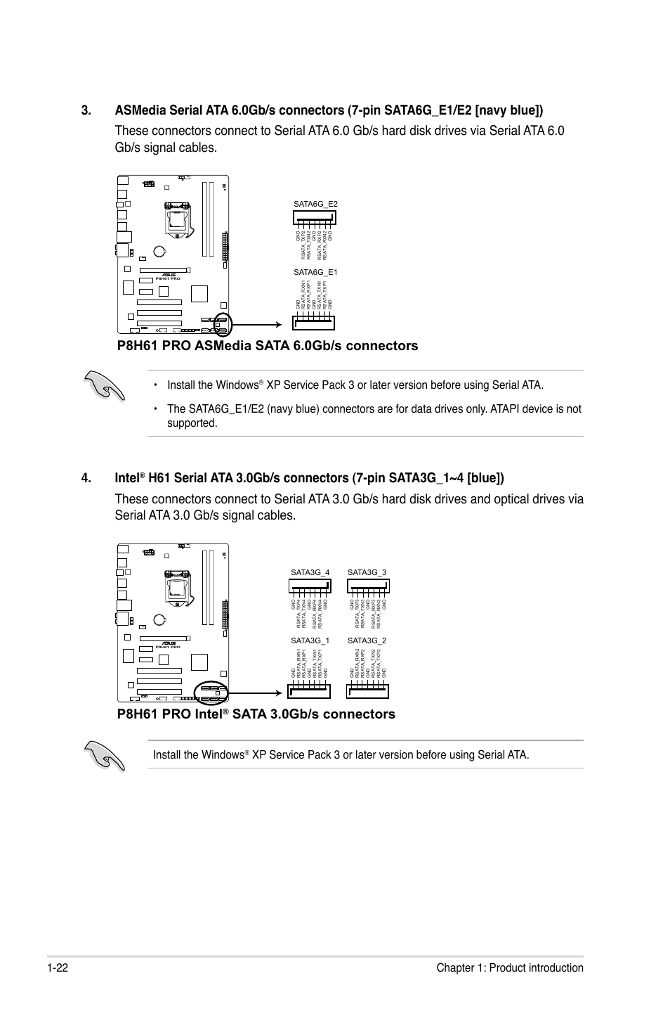 P8h61 pro intel, Sata 3.0gb/s connectors, 22 chapter 1: product introduction | Install the windows | Asus P8H61 PRO User Manual | Page 34 / 74