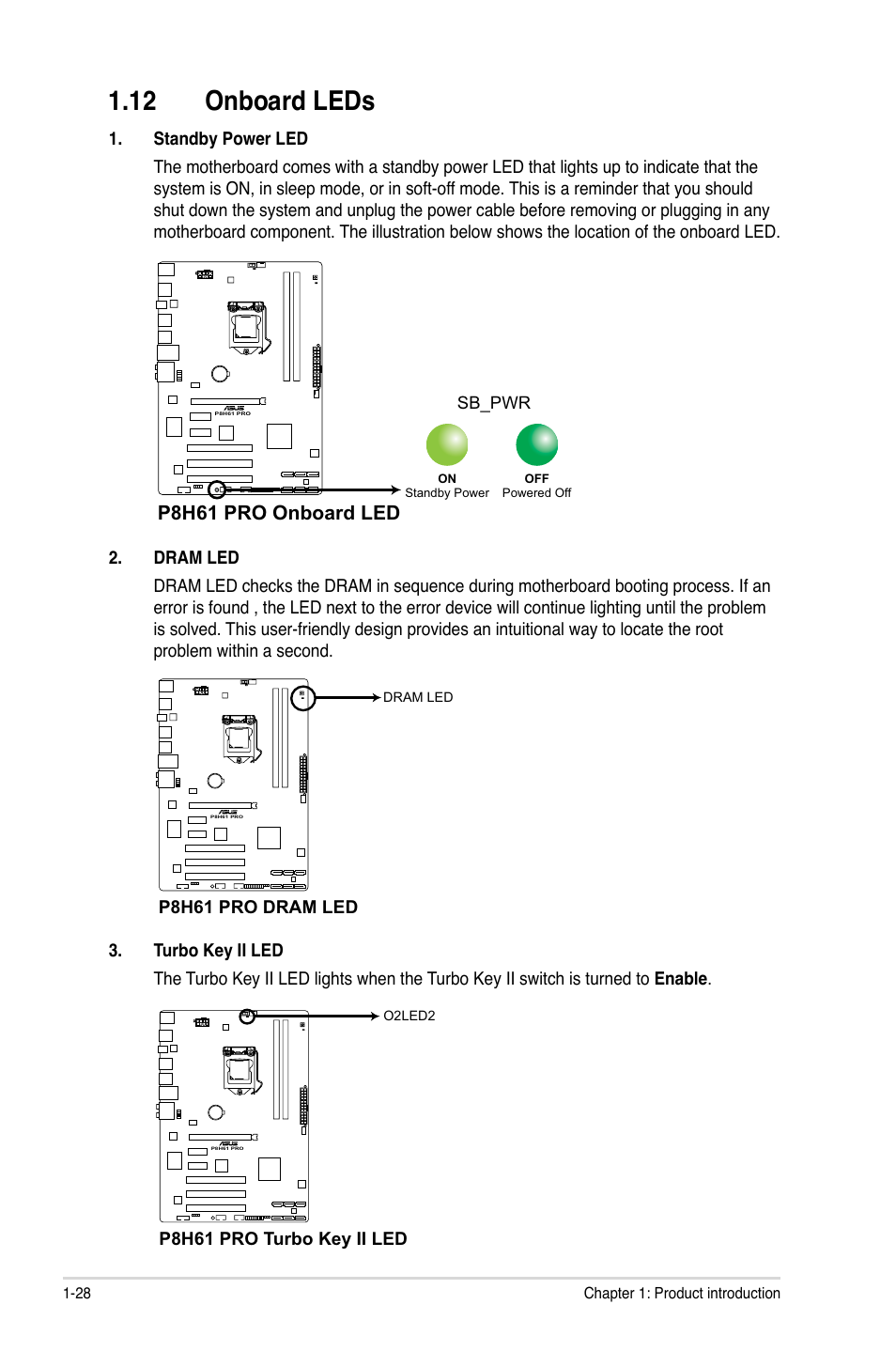 12 onboard leds, 12 onboard leds -28, P8h61 pro onboard led | Asus P8H61 PRO User Manual | Page 40 / 74