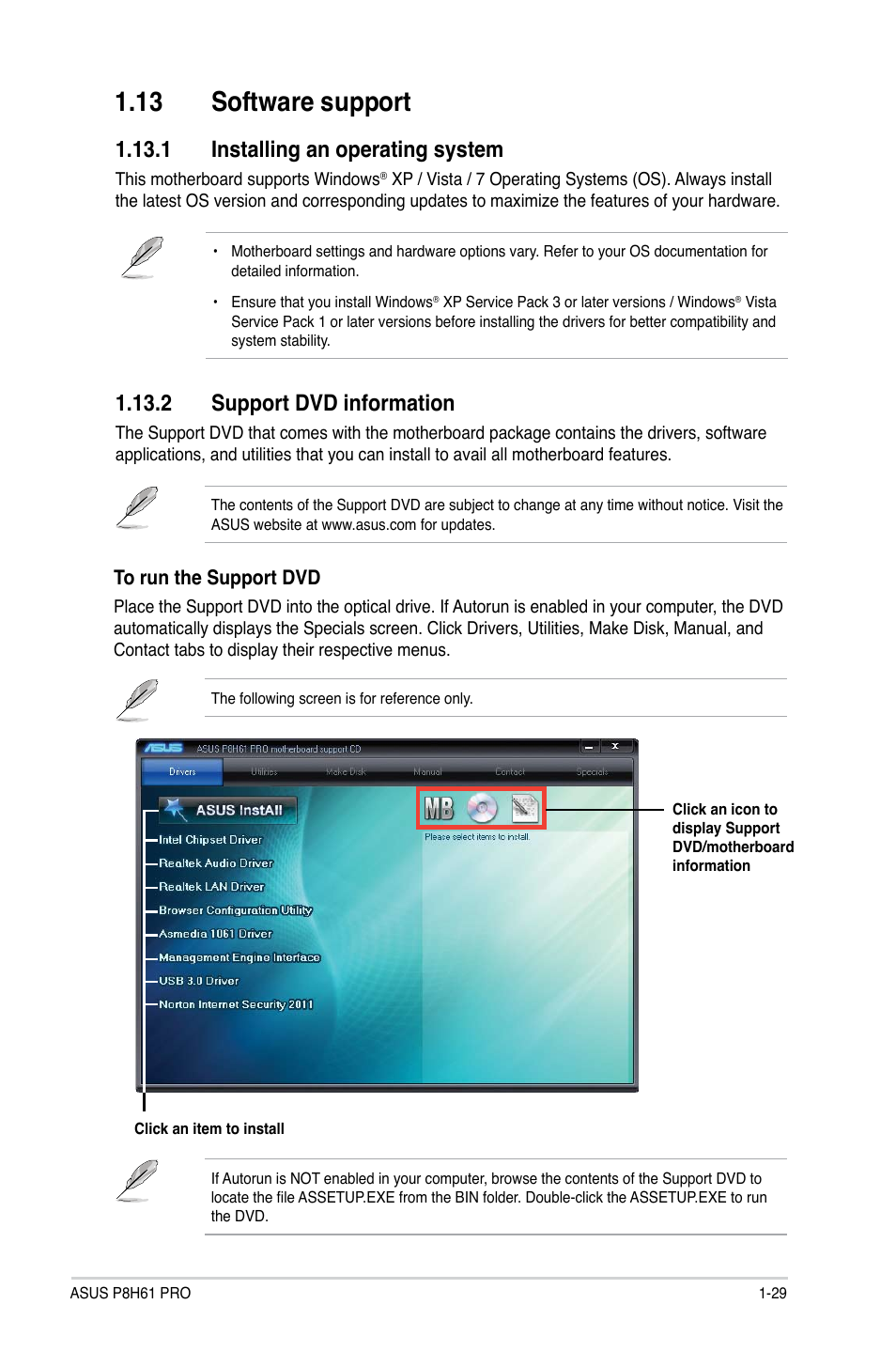 13 software support, 1 installing an operating system, 2 support dvd information | 13 software support -29 | Asus P8H61 PRO User Manual | Page 41 / 74