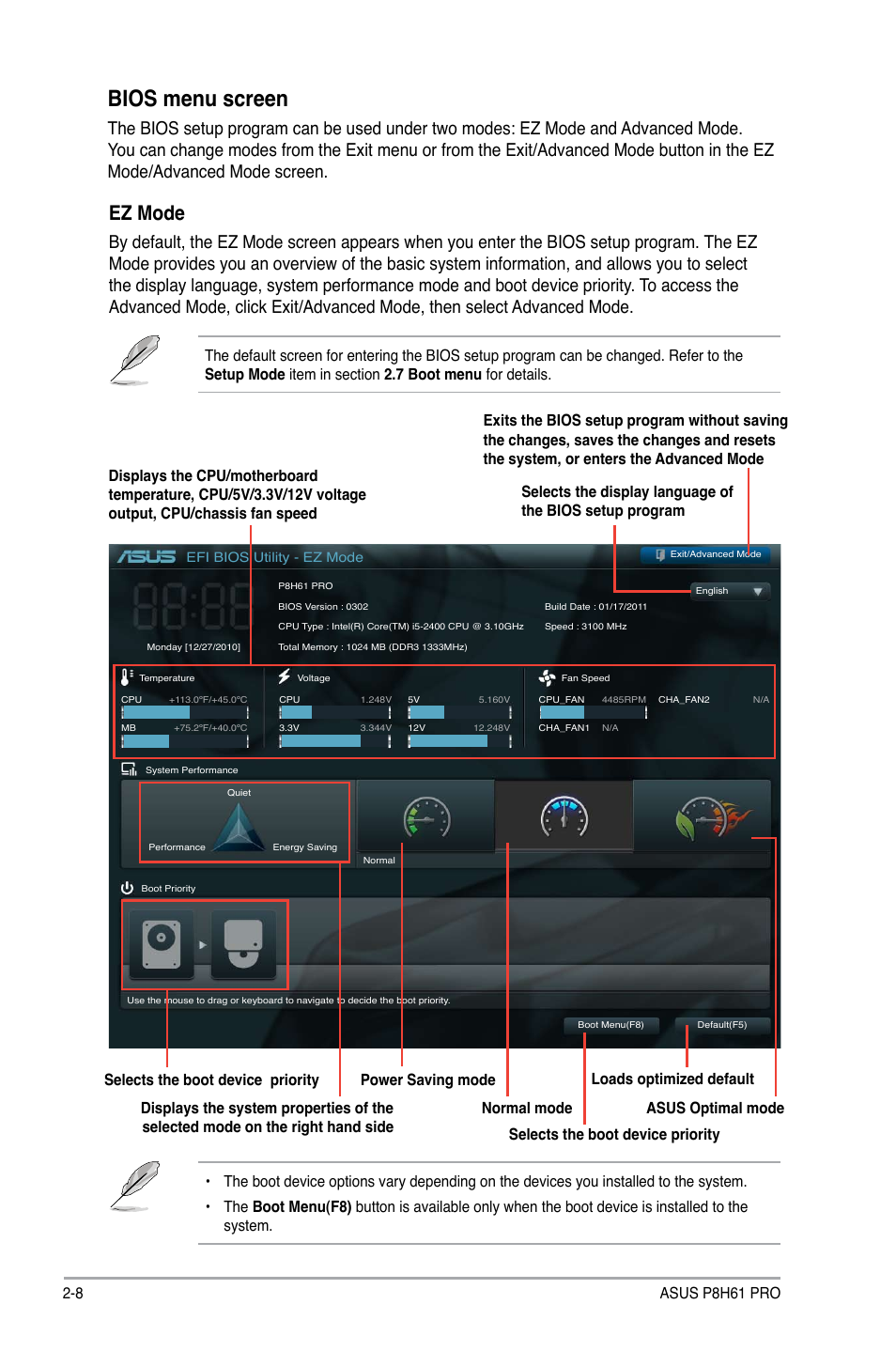 Bios menu screen, Ez mode, 8 asus p8h61 pro | Asus P8H61 PRO User Manual | Page 50 / 74