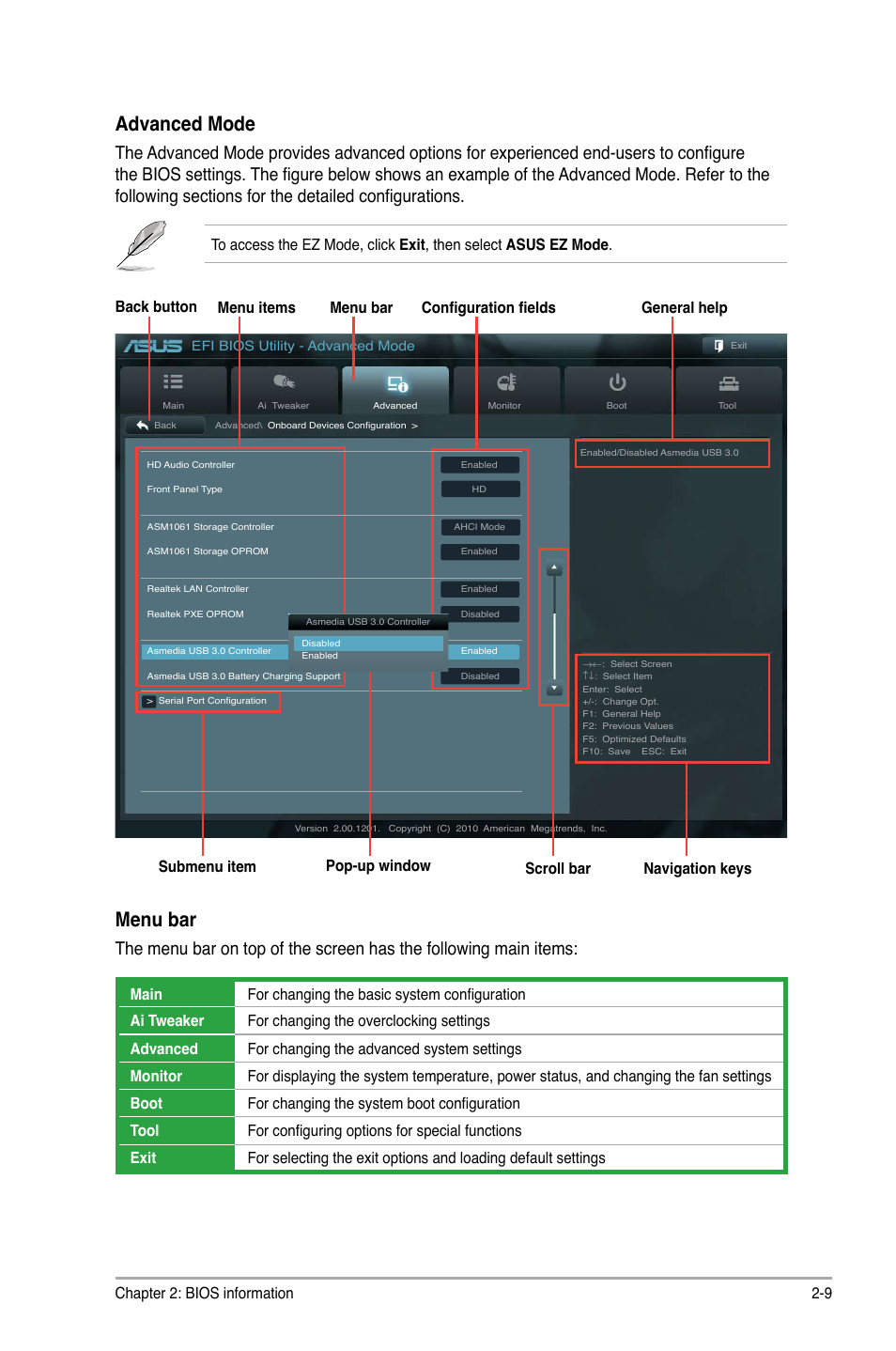 Advanced mode, Menu bar, Chapter 2: bios information 2-9 | Navigation keys | Asus P8H61 PRO User Manual | Page 51 / 74