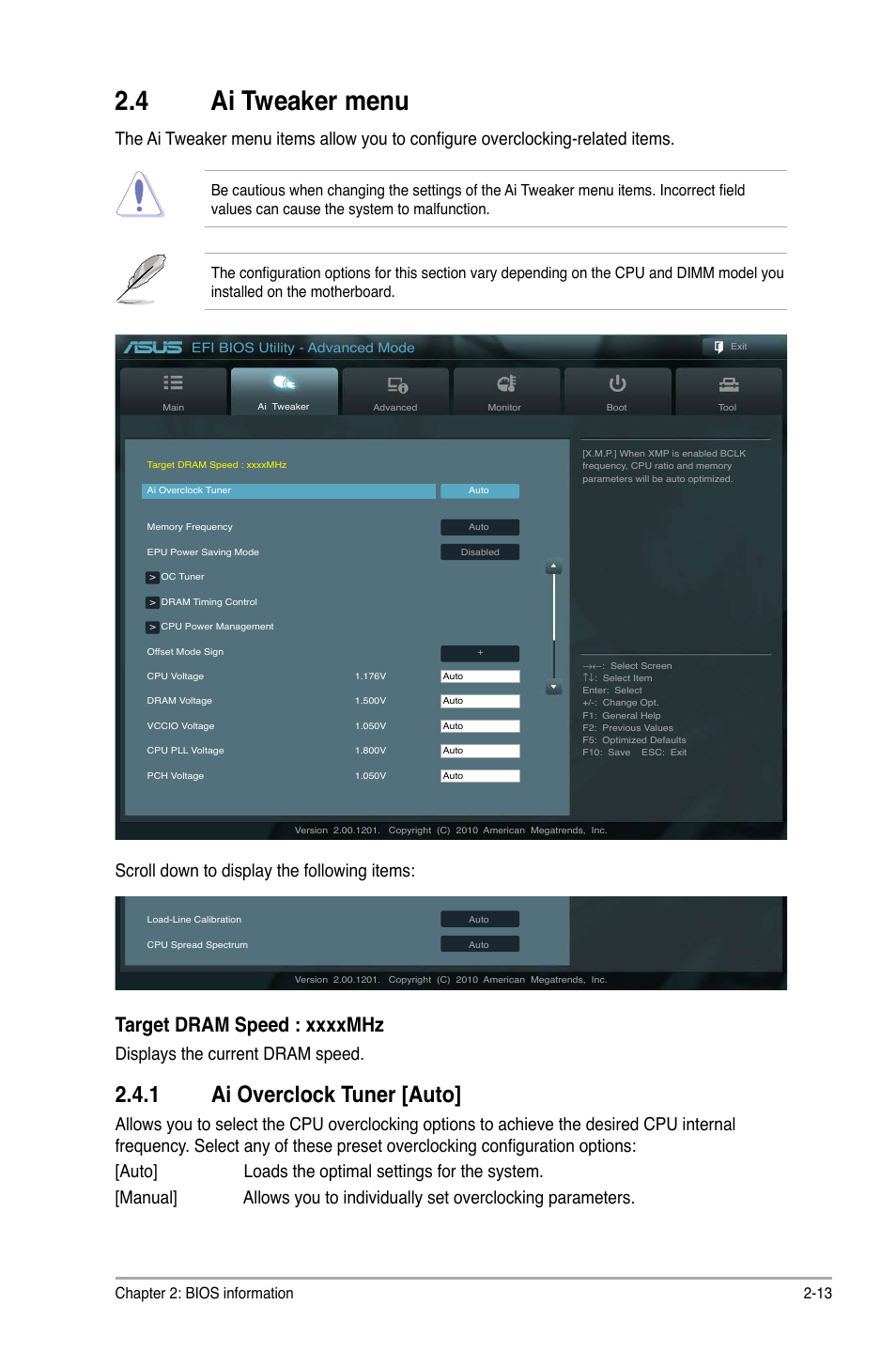 4 ai tweaker menu, 1 ai overclock tuner [auto, Ai tweaker menu -13 2.4.1 | Ai overclock tuner -13, Displays the current dram speed, Scroll down to display the following items, Chapter 2: bios information 2-13 | Asus P8H61 PRO User Manual | Page 55 / 74