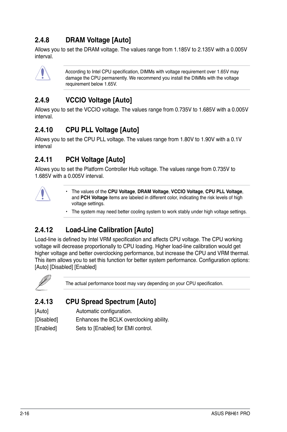 8 dram voltage [auto, 9 vccio voltage [auto, 10 cpu pll voltage [auto | 11 pch voltage [auto, 12 load-line calibration [auto, 13 cpu spread spectrum [auto, Dram voltage -16, Vccio voltage -16 | Asus P8H61 PRO User Manual | Page 58 / 74