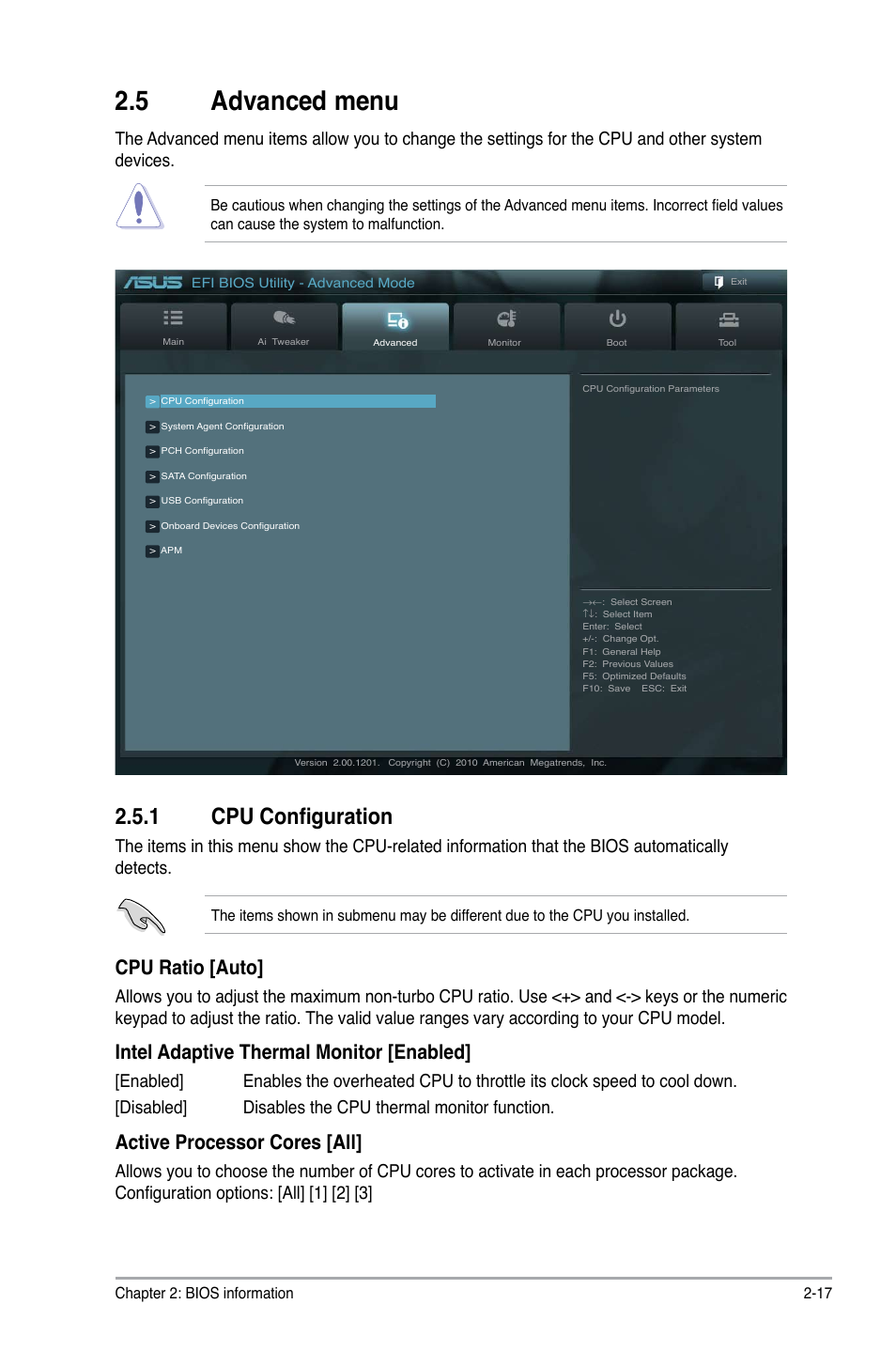 5 advanced menu, 1 cpu configuration, Advanced menu -17 2.5.1 | Cpu configuration -17, Cpu ratio [auto, Intel adaptive thermal monitor [enabled, Active processor cores [all | Asus P8H61 PRO User Manual | Page 59 / 74