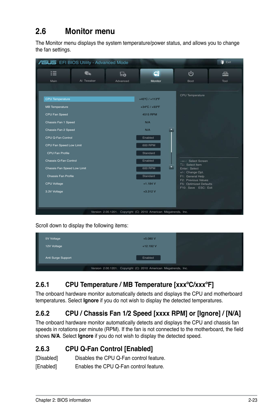 6 monitor menu, 1 cpu temperature / mb temperature [xxxºc/xxxºf, 3 cpu q-fan control [enabled | Monitor menu -23 2.6.1, Cpu temperature / mb temperature -23, Cpu / chassis, Fan 1/2, Speed -23, Cpu q-fan control -23, Scroll down to display the following items | Asus P8H61 PRO User Manual | Page 65 / 74