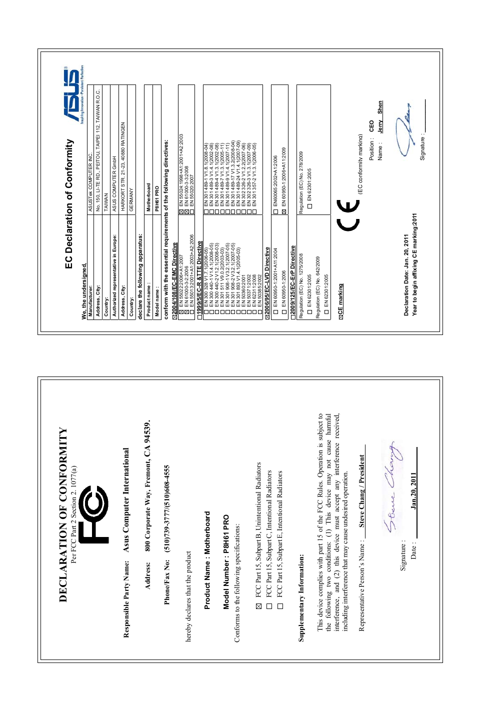 Declaration of conformity, Ec declaration of conformity, Asu s c om pu te r in te rn at io na l | Asus P8H61 PRO User Manual | Page 74 / 74