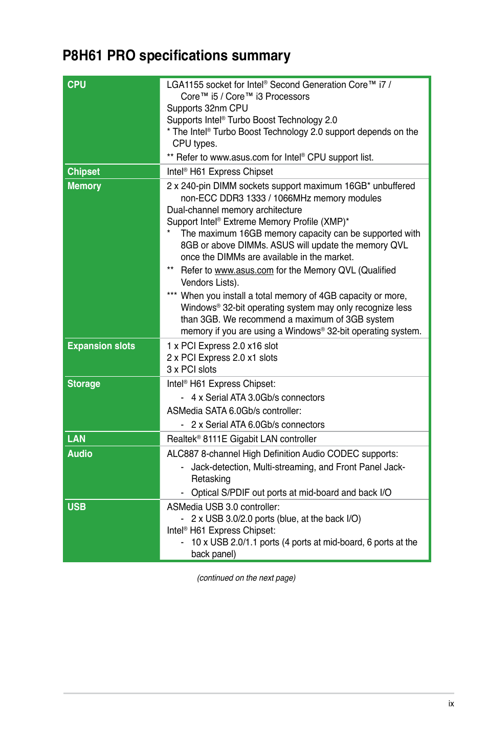 P8h61 pro specifications summary | Asus P8H61 PRO User Manual | Page 9 / 74