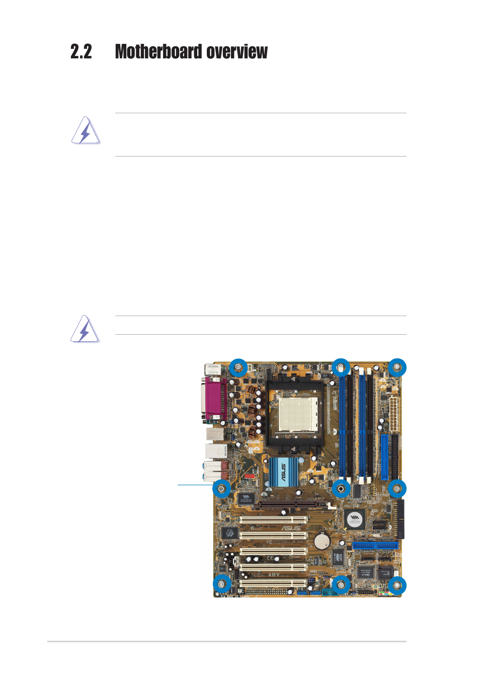 2 motherboard overview, 1 placement direction, 2 screw holes | Asus A8V Deluxe User Manual | Page 24 / 144