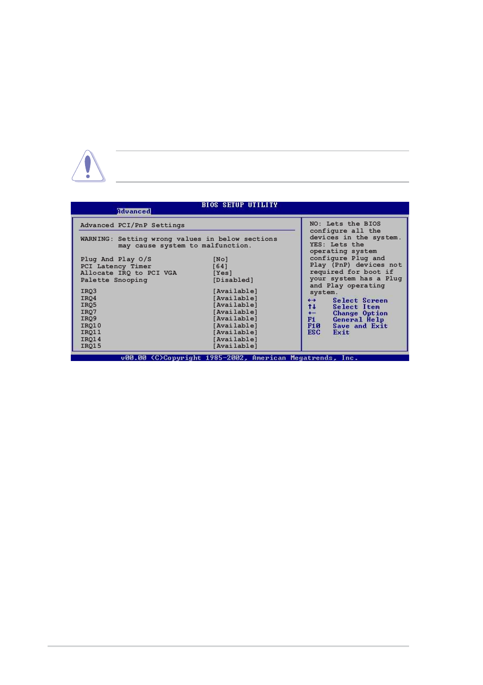 4 pci pnp, Plug and play o/s [no, Pci latency timer [64 | Allocate irq to pci vga [yes, 26 chapter 4: bios setup | Asus A8V Deluxe User Manual | Page 92 / 144